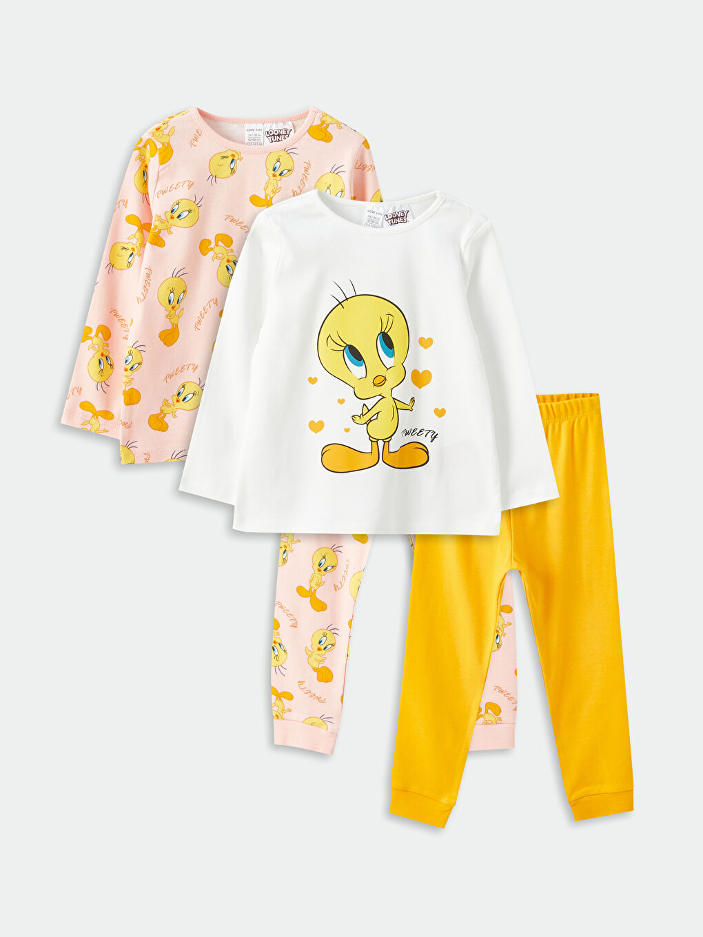 LCW baby Ekru Tweety Baskılı Kız Bebek 2'li Pijama Takımı