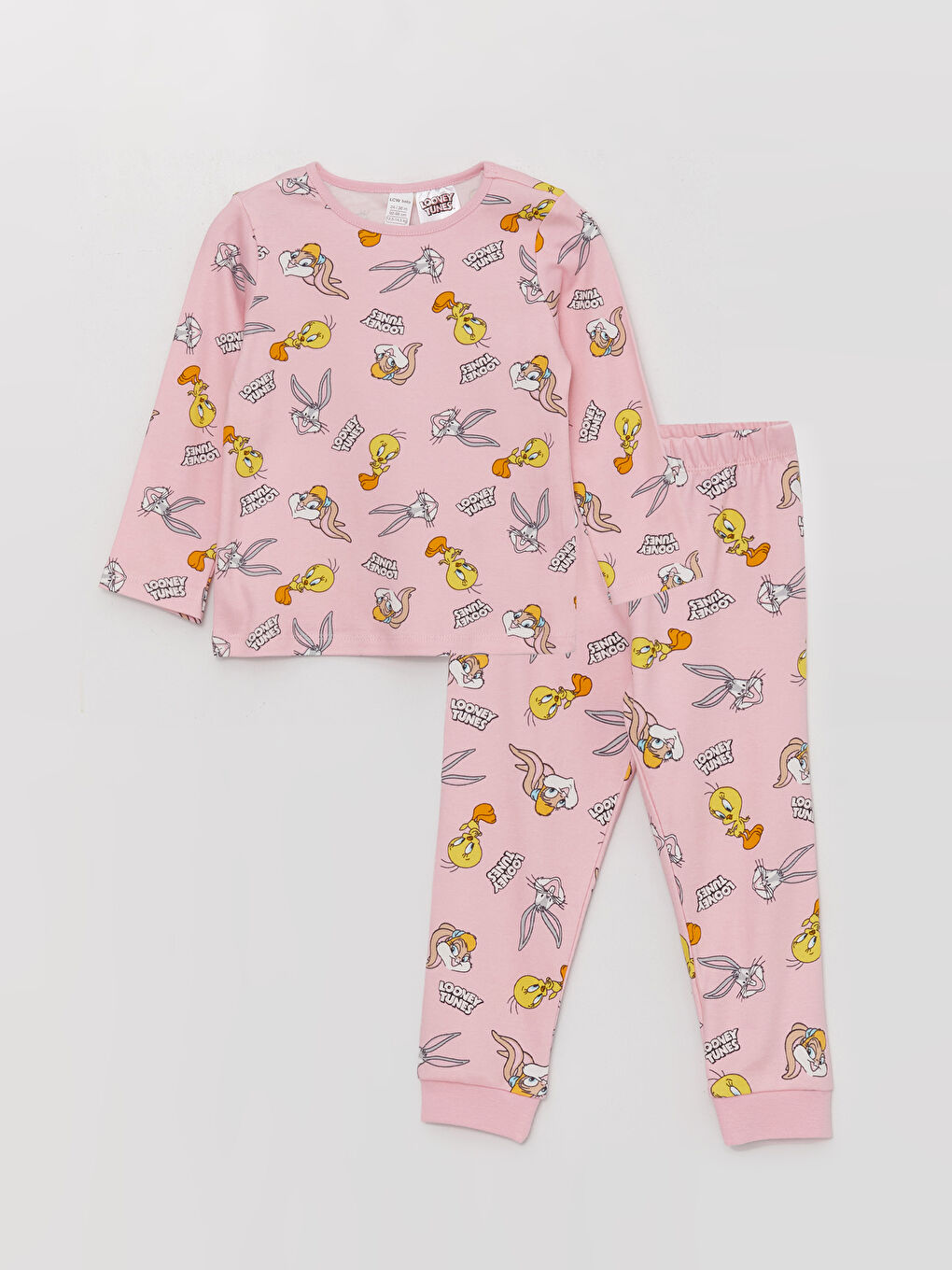 LCW baby Pembe Bisiklet Yaka Uzun Kollu Looney Tunes Baskılı Kız Bebek Pijama Takımı