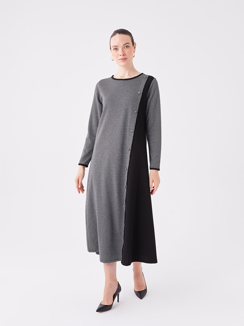 فستان نساء بكول مدور وكم طويل مع بلوك ديال الألوان