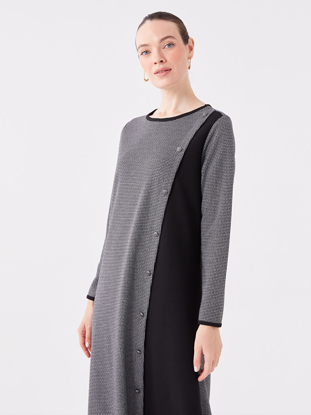 فستان نساء بكول مدور وكم طويل مع بلوك ديال الألوان-1