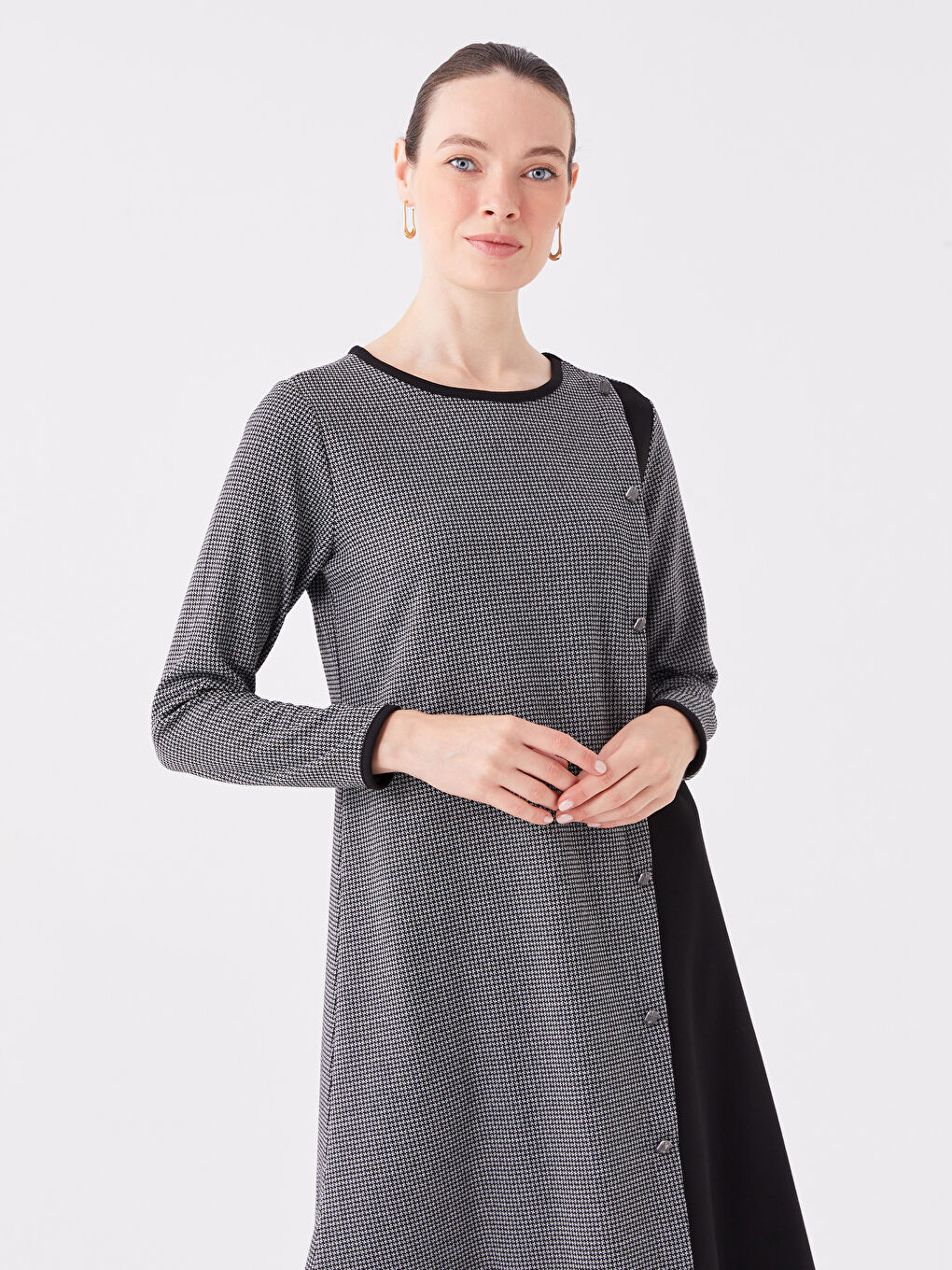 فستان نساء بكول مدور وكم طويل مع بلوك ديال الألوان-2