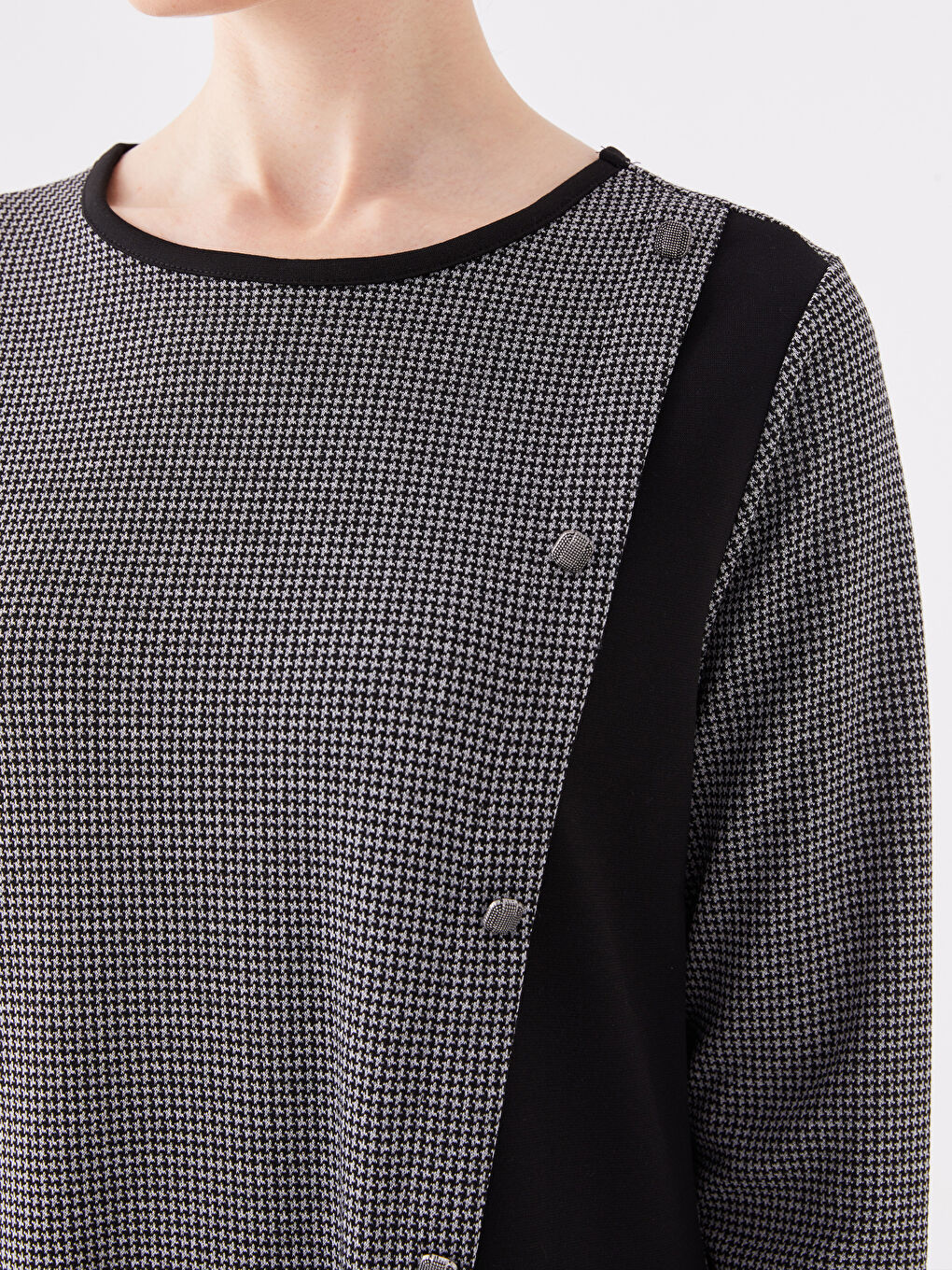 فستان نساء بكول مدور وكم طويل مع بلوك ديال الألوان-3