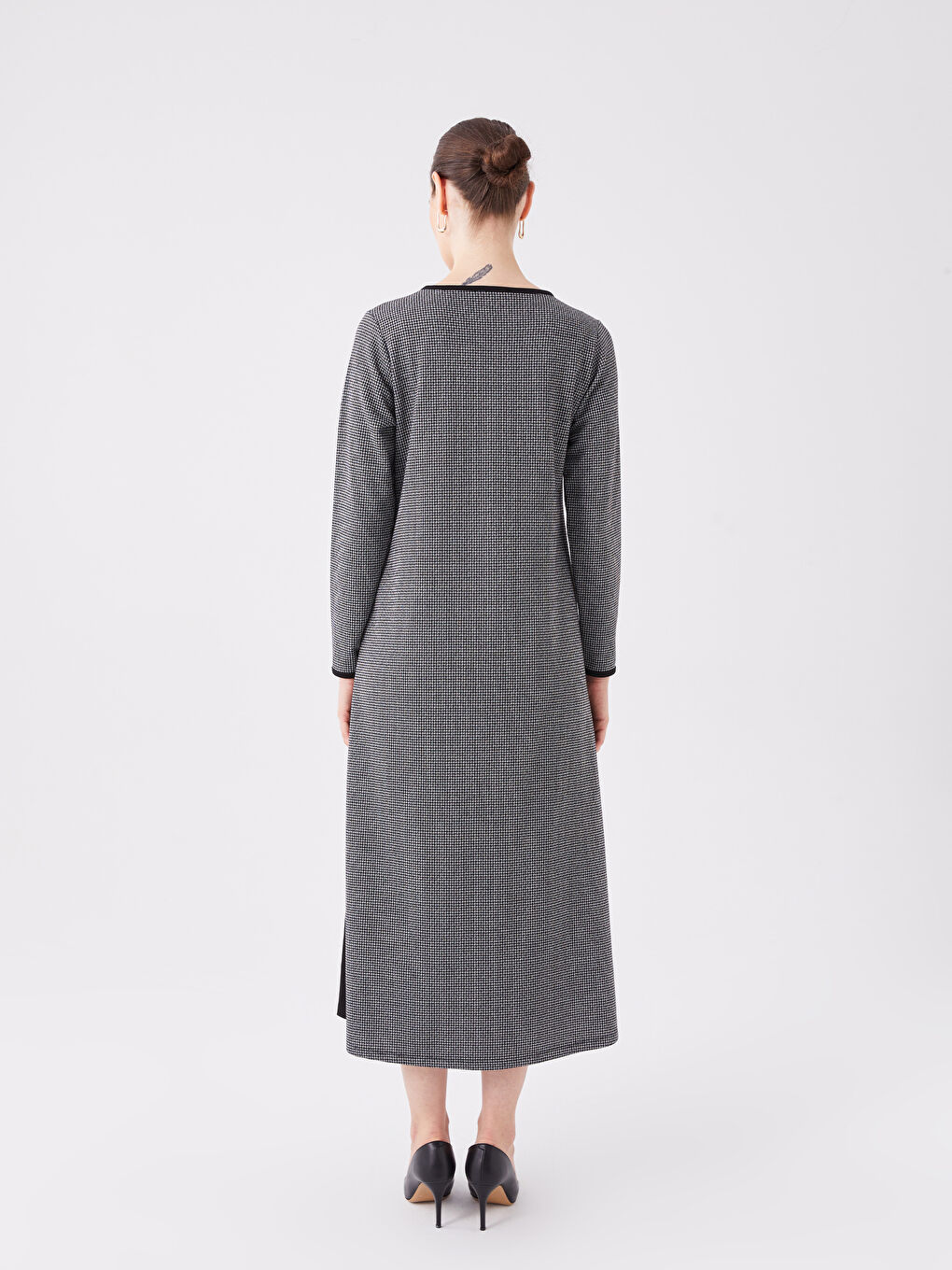 فستان نساء بكول مدور وكم طويل مع بلوك ديال الألوان-4