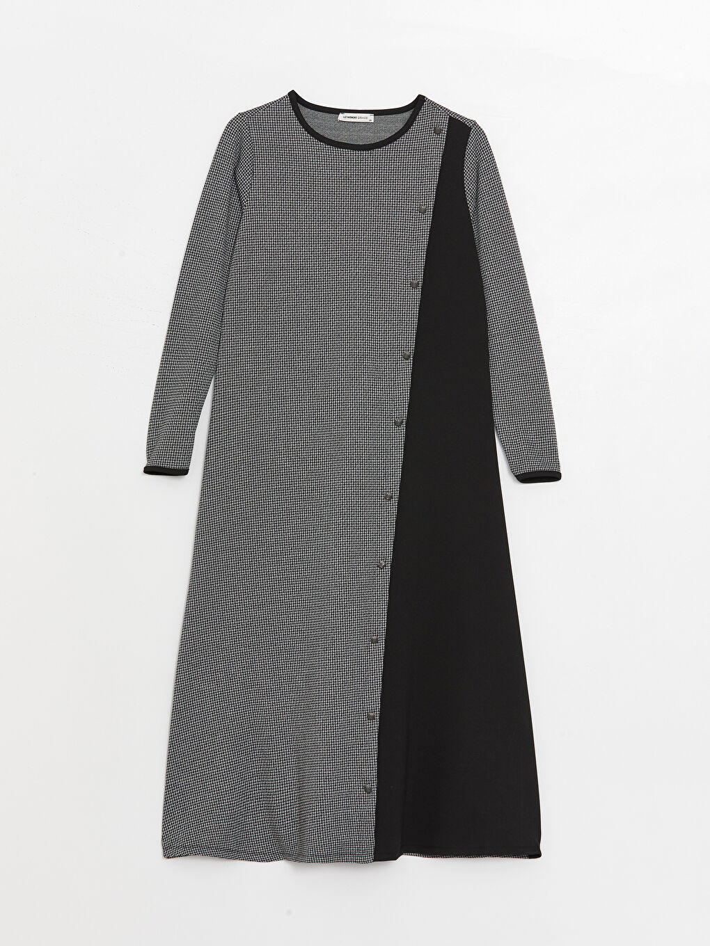 فستان نساء بكول مدور وكم طويل مع بلوك ديال الألوان-5