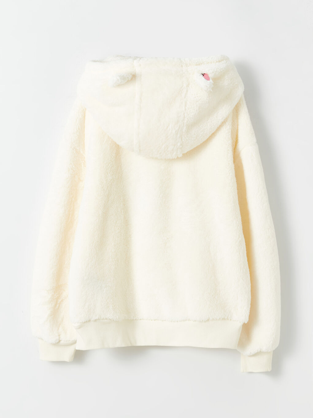 Beyaz Nakışlı Uzun Kollu Pelüş Kız Çocuk Hoodie-2