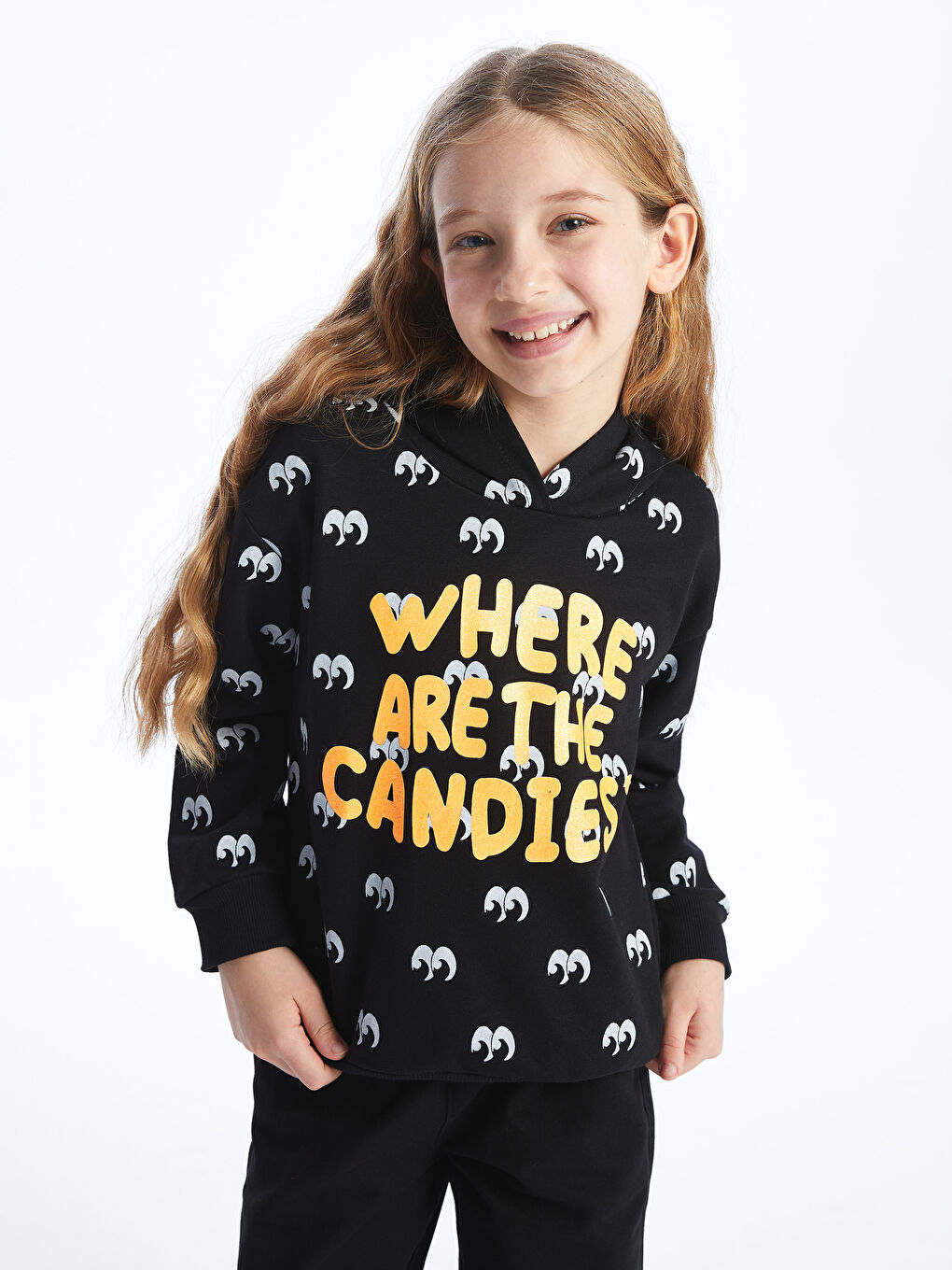 LCW Kids Siyah Baskılı H12 Baskılı Uzun Kollu Kız Çocuk Hoodie