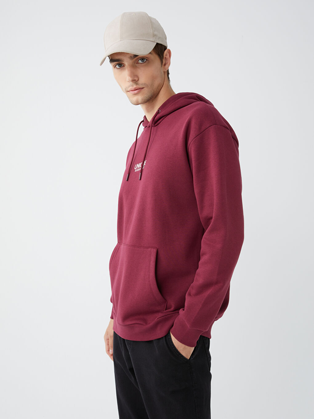 LCW Casual Bordo Uzun Kollu Baskılı Erkek Hoodie