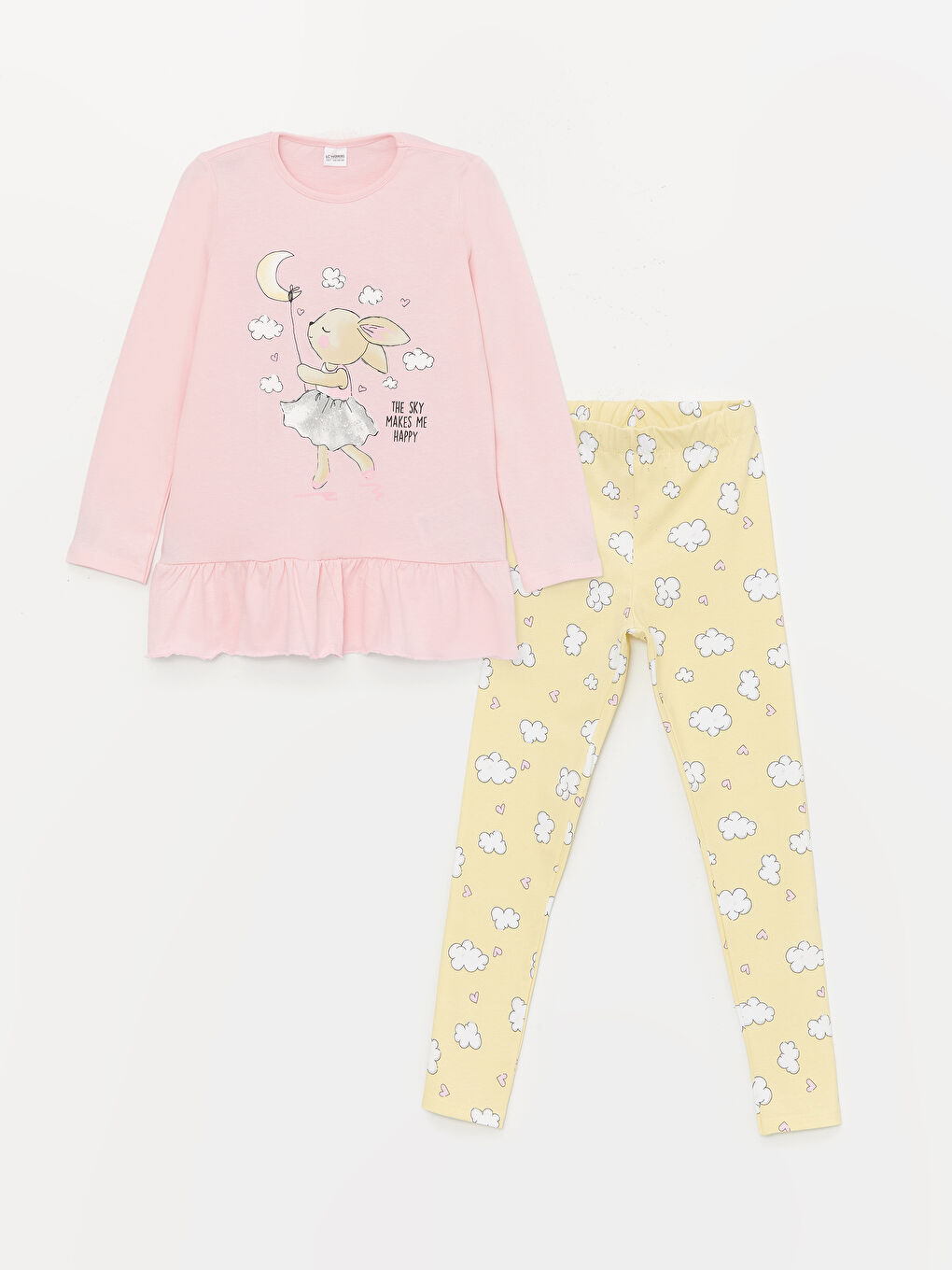 LCW Kids Pembe Bisiklet Yaka Baskılı Uzun Kollu Kız Çocuk Pijama Takımı