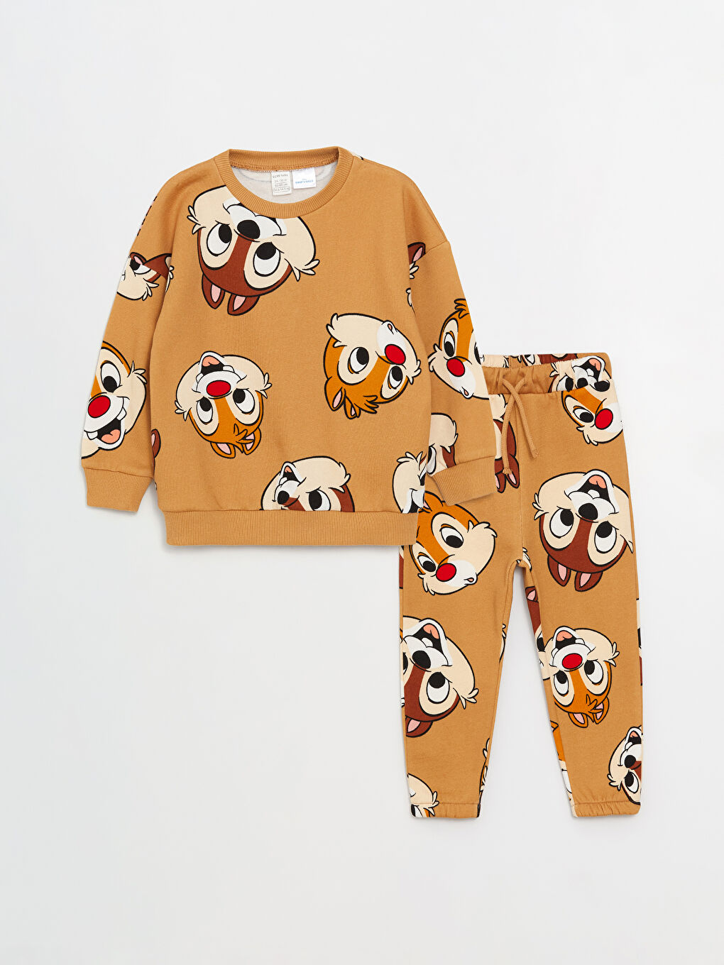 LCW baby Koyu Bej Baskılı Bisiklet Yaka Chip'n Dale Baskılı Erkek Bebek Sweatshirt ve Eşofman Altı