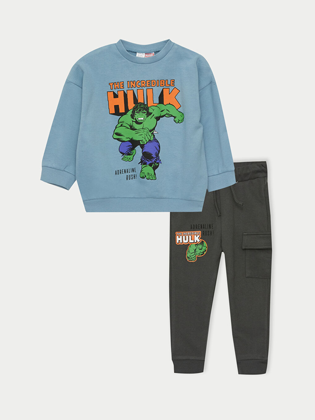 LCW baby Mavi Bisiklet Yaka Uzun Kollu Hulk Baskılı Erkek Bebek Sweatshirt ve Eşofman Altı 2'li Takım