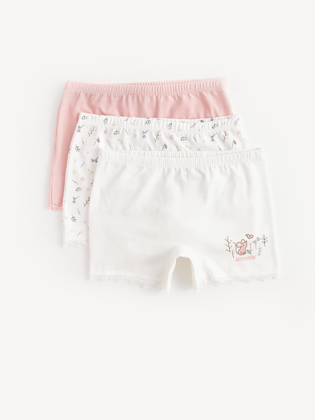 Ekru Baskılı Kız Çocuk Boxer 3'lü