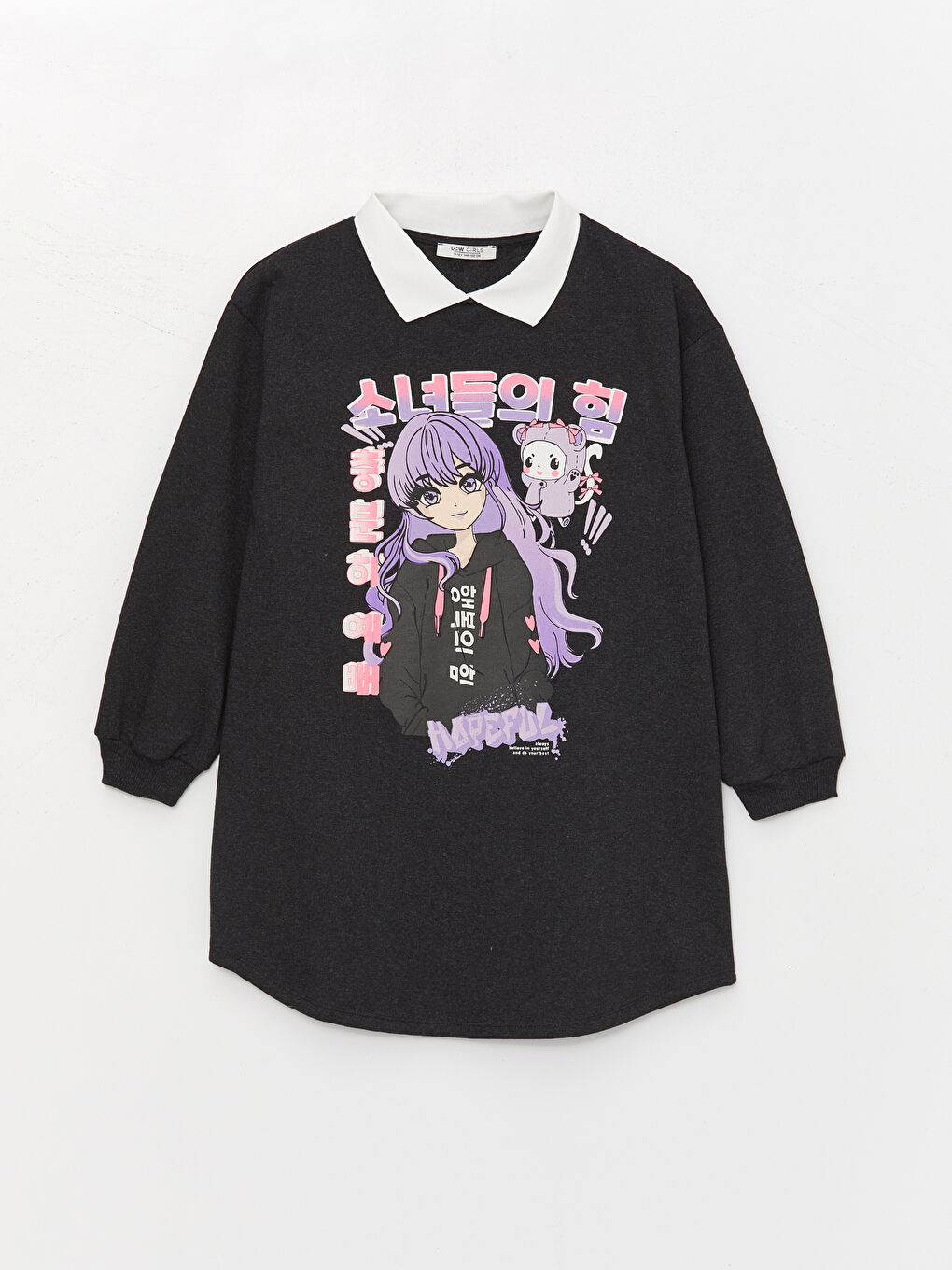 LCW Kids Shirt Collar K-Pop Printed Long Sleeve Girls' Dress -W3AP52Z4-HHY