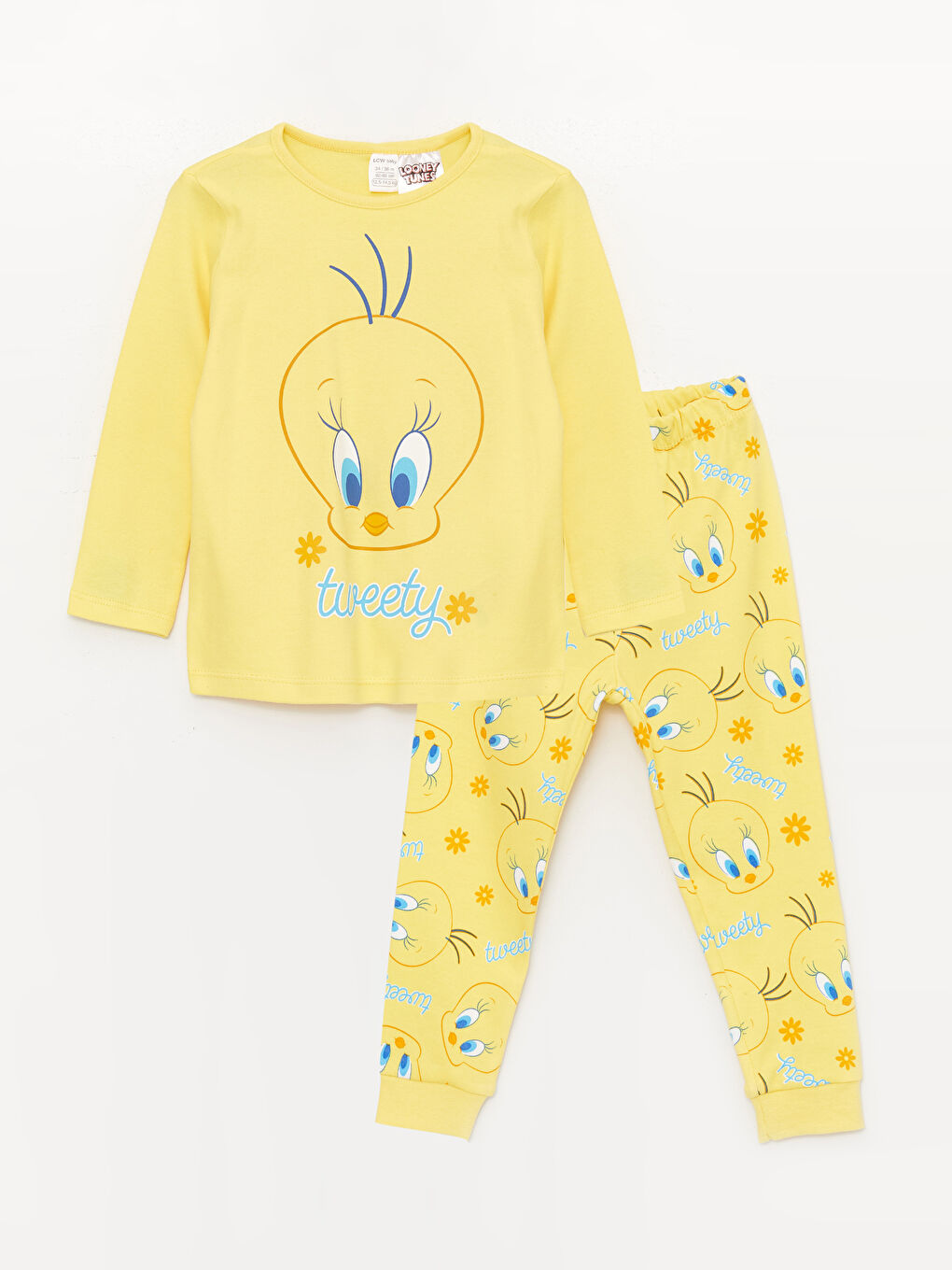 LCW baby Sarı Bisiklet Yaka Tweety Baskılı Kız Bebek Pijama Takımı