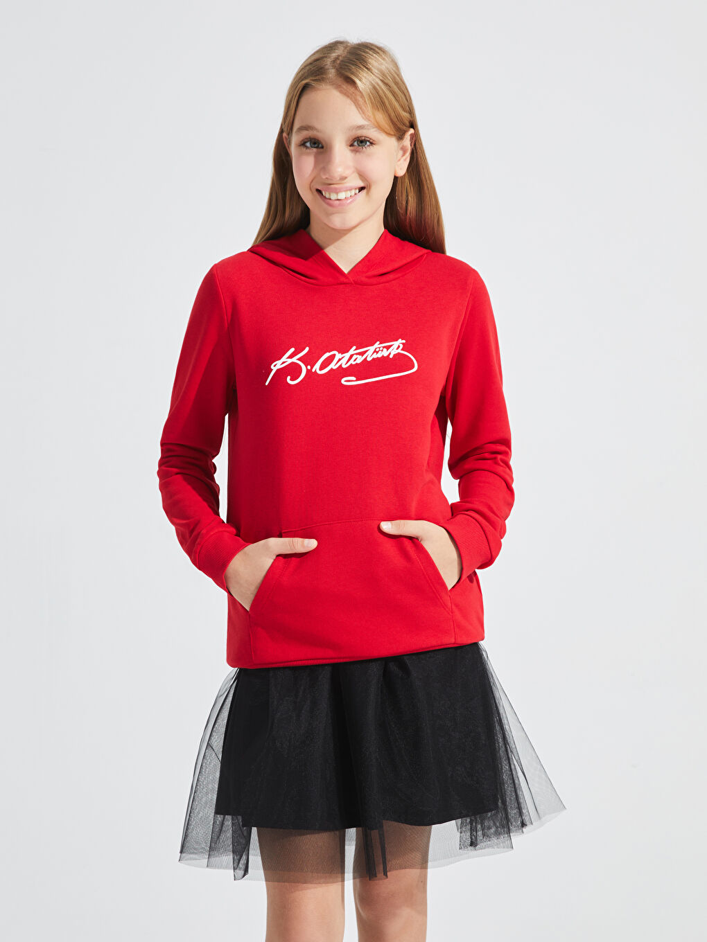 Kırmızı Atatürk İmza Baskılı Kız Çocuk Hoodie
