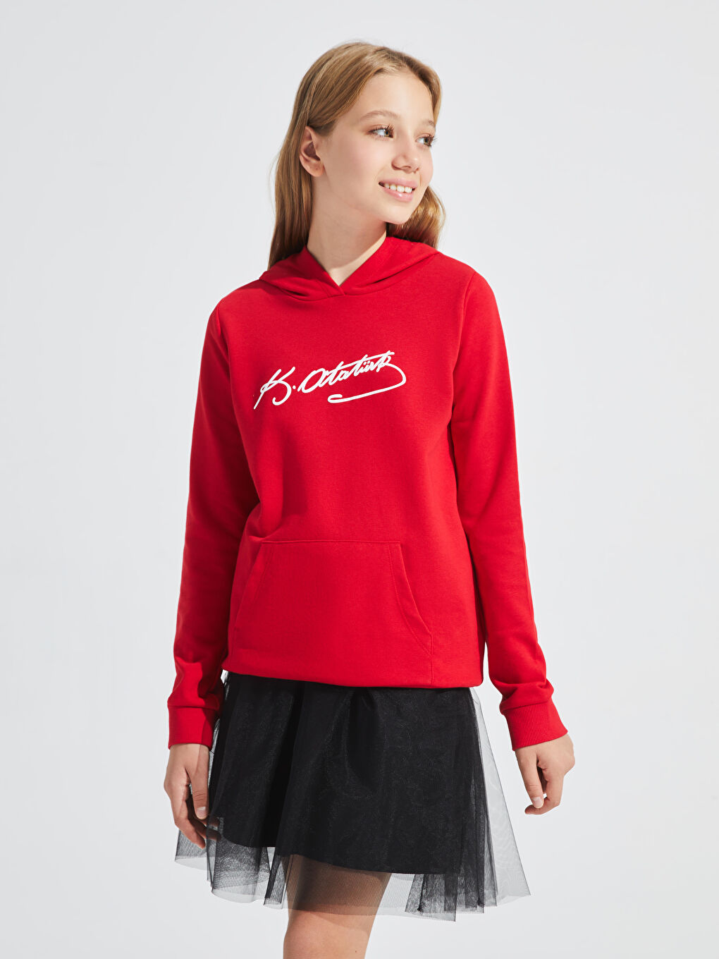 Kırmızı Atatürk İmza Baskılı Kız Çocuk Hoodie-1