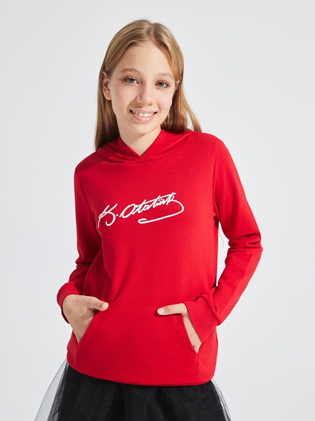 Kırmızı Atatürk İmza Baskılı Kız Çocuk Hoodie-2
