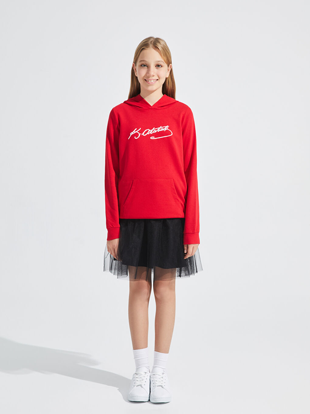 Kırmızı Atatürk İmza Baskılı Kız Çocuk Hoodie-3