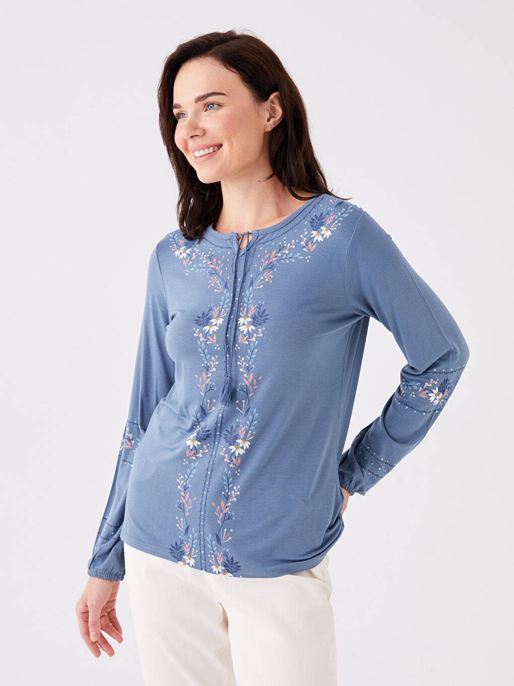 İndigo Bağlamalı Yaka Desenli Uzun Kollu Kadın Bluz