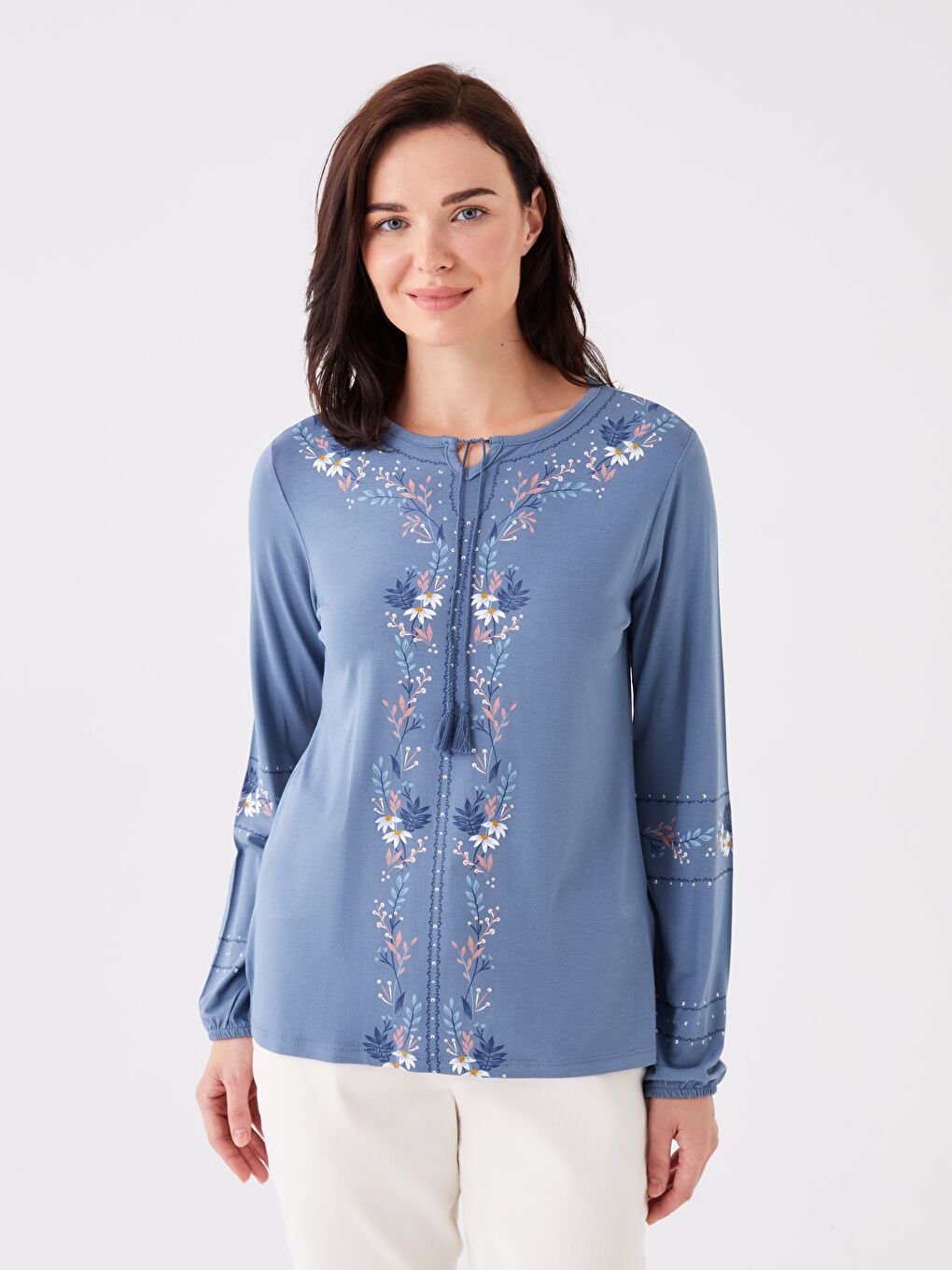 İndigo Bağlamalı Yaka Desenli Uzun Kollu Kadın Bluz-1