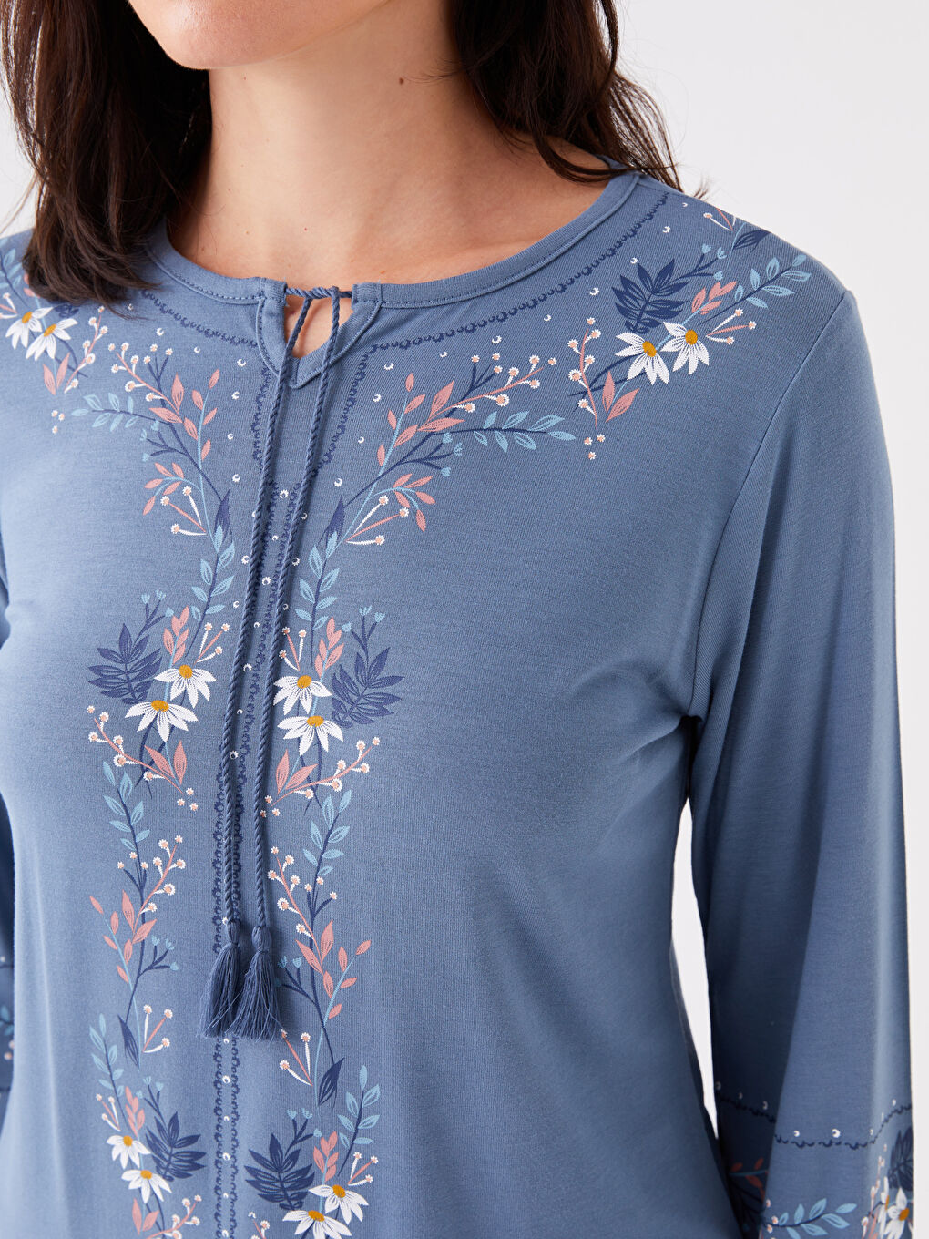 İndigo Bağlamalı Yaka Desenli Uzun Kollu Kadın Bluz-3