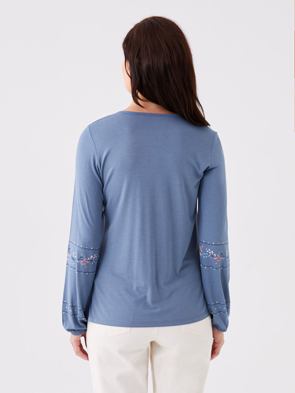 İndigo Bağlamalı Yaka Desenli Uzun Kollu Kadın Bluz-4