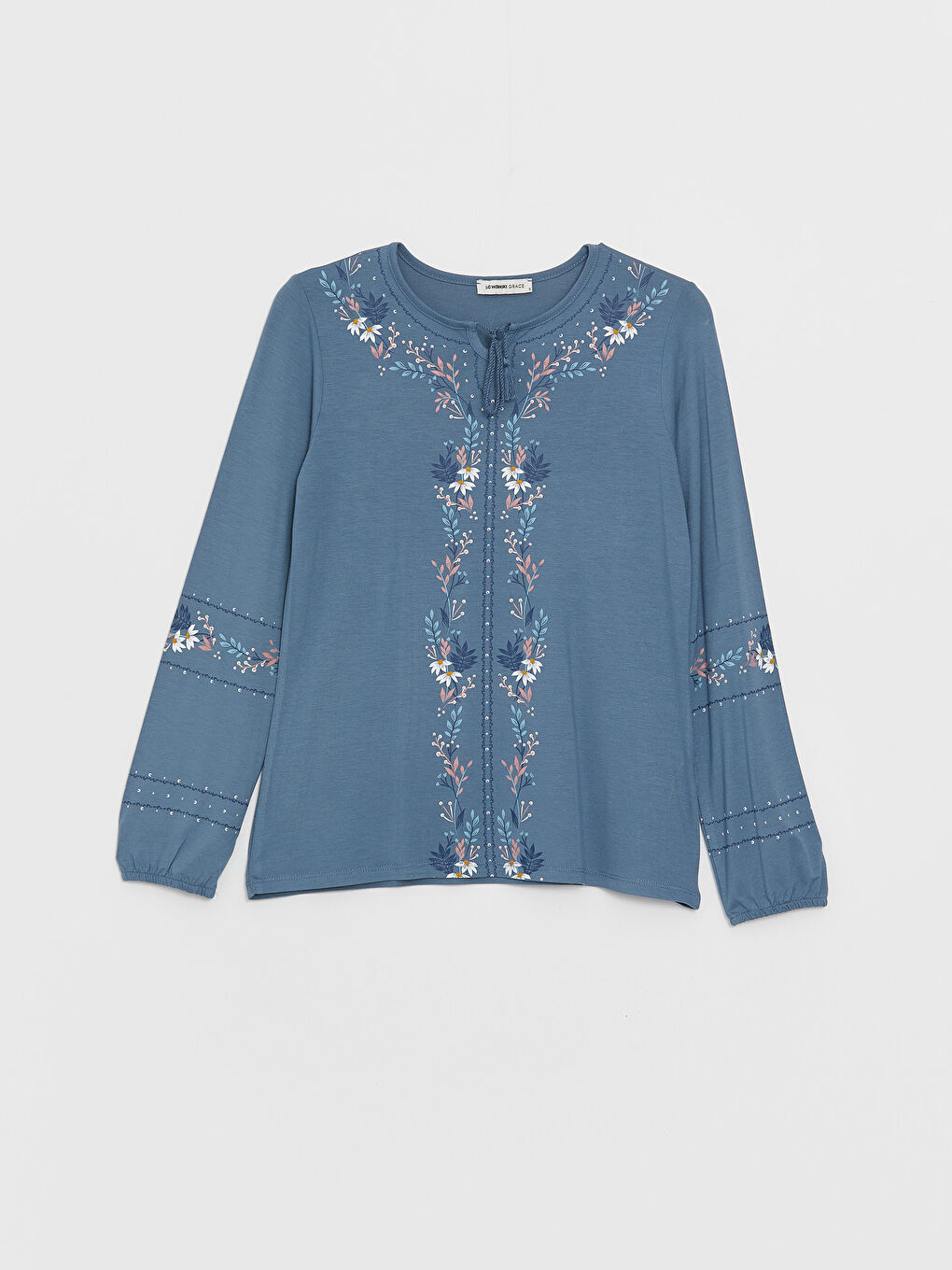 İndigo Bağlamalı Yaka Desenli Uzun Kollu Kadın Bluz-5