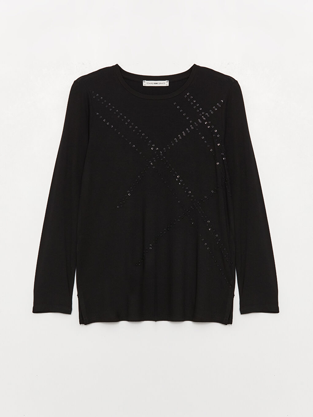 Siyah Bisiklet Yaka Nakışlı Uzun Kollu Kadın Tişört-5