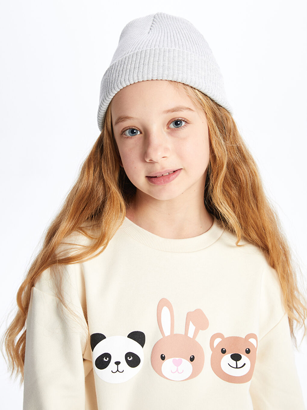 Bej Bisiklet Yaka Baskılı Uzun Kollu Kız Çocuk Sweatshirt