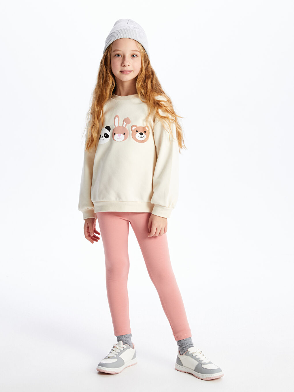 Bej Bisiklet Yaka Baskılı Uzun Kollu Kız Çocuk Sweatshirt-1