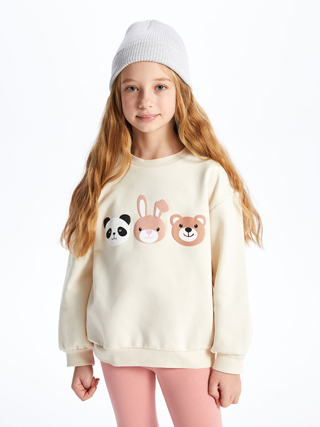 Bej Bisiklet Yaka Baskılı Uzun Kollu Kız Çocuk Sweatshirt-2