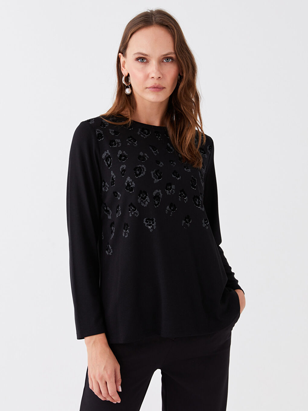 Crew Neck Printed Long Sleeve Women's Blouse