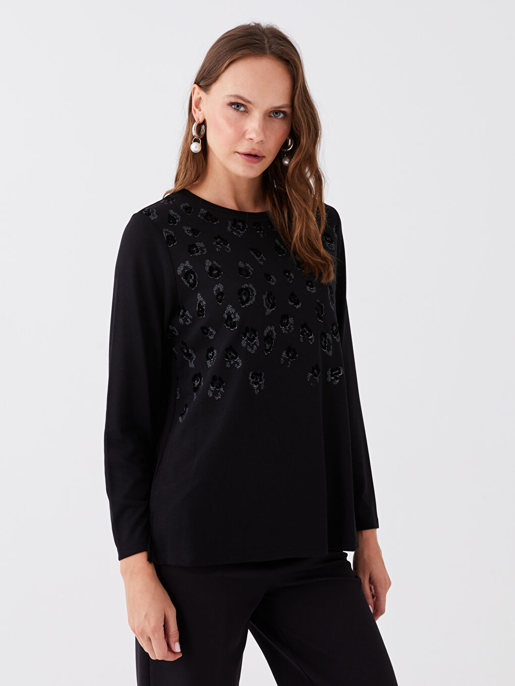 Crew Neck Printed Long Sleeve Women's Blouse-1