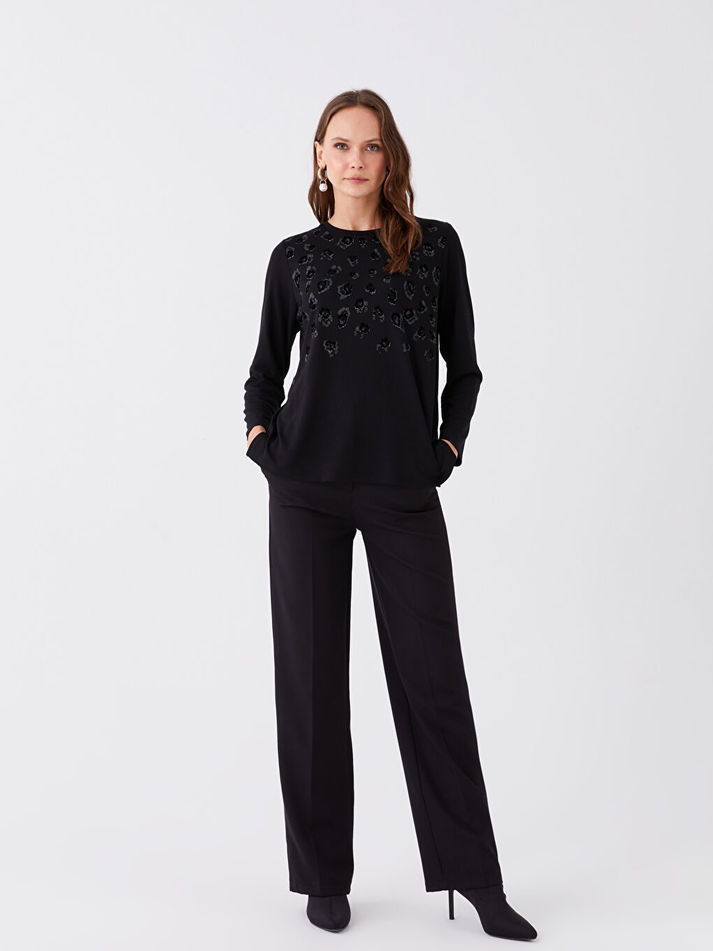 Crew Neck Printed Long Sleeve Women's Blouse-2