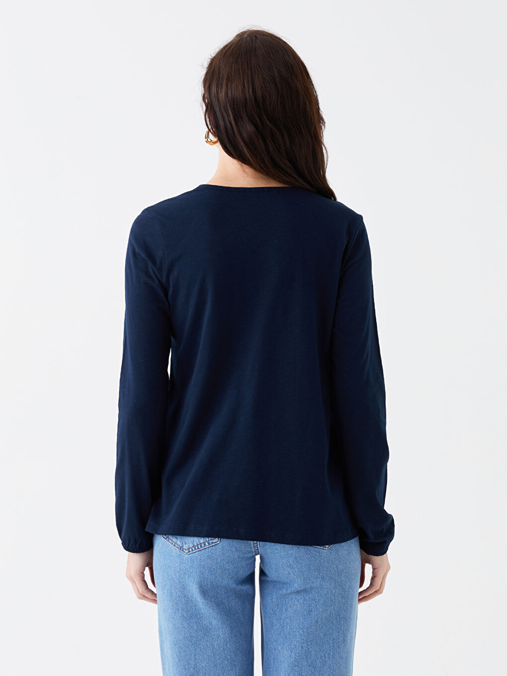 Lacivert Bağlamalı Yaka Baskılı Uzun Kollu Kadın Bluz-3