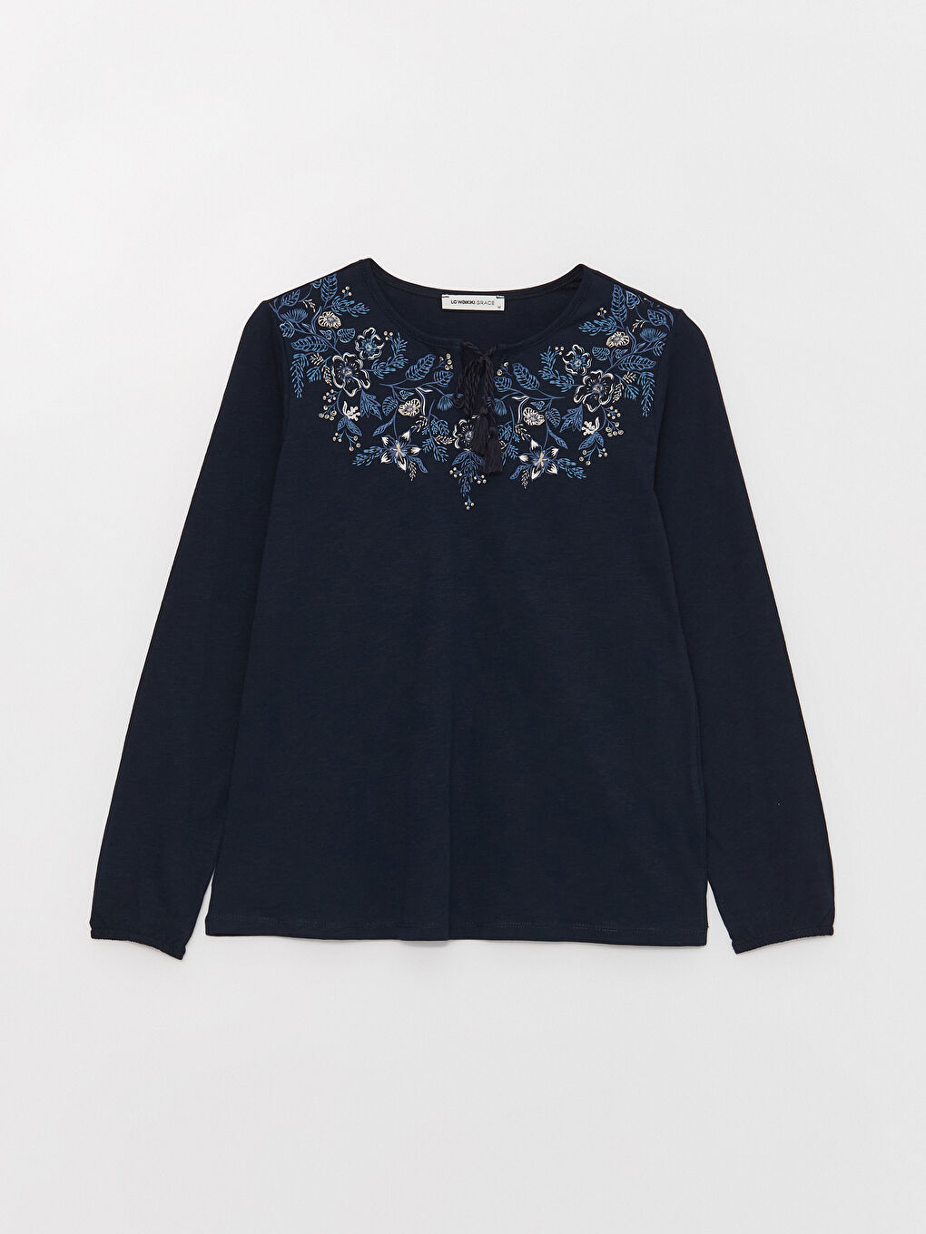 Lacivert Bağlamalı Yaka Baskılı Uzun Kollu Kadın Bluz-5