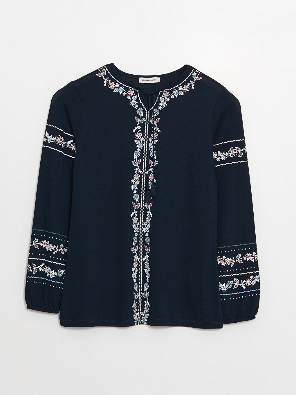 Lacivert Bağlamalı Yaka Desenli Uzun Kollu Kadın Bluz-5