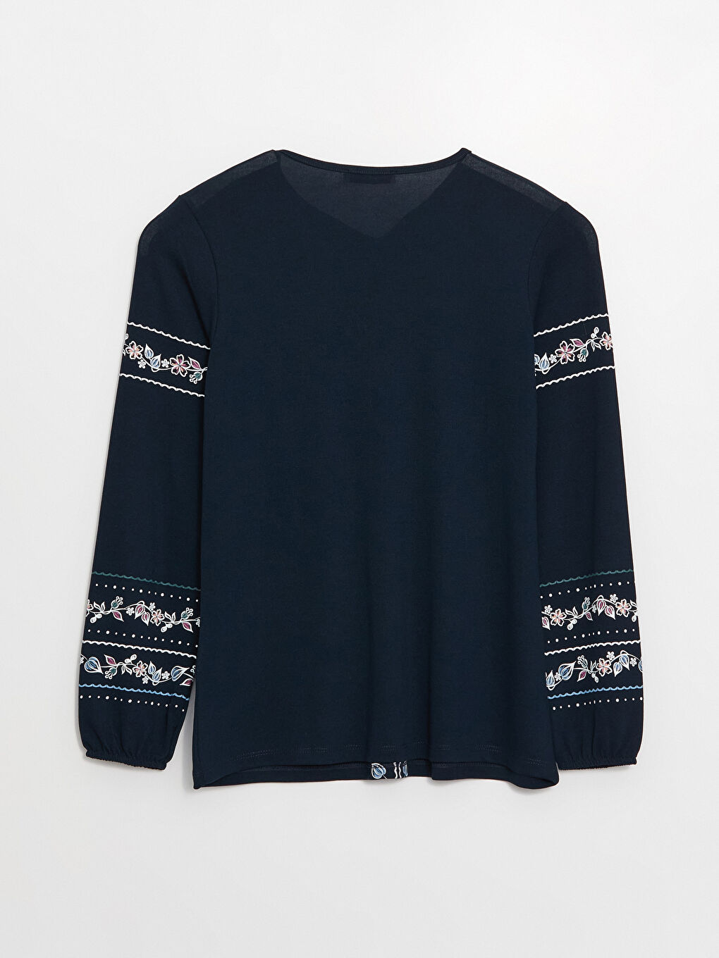 Lacivert Bağlamalı Yaka Desenli Uzun Kollu Kadın Bluz-6