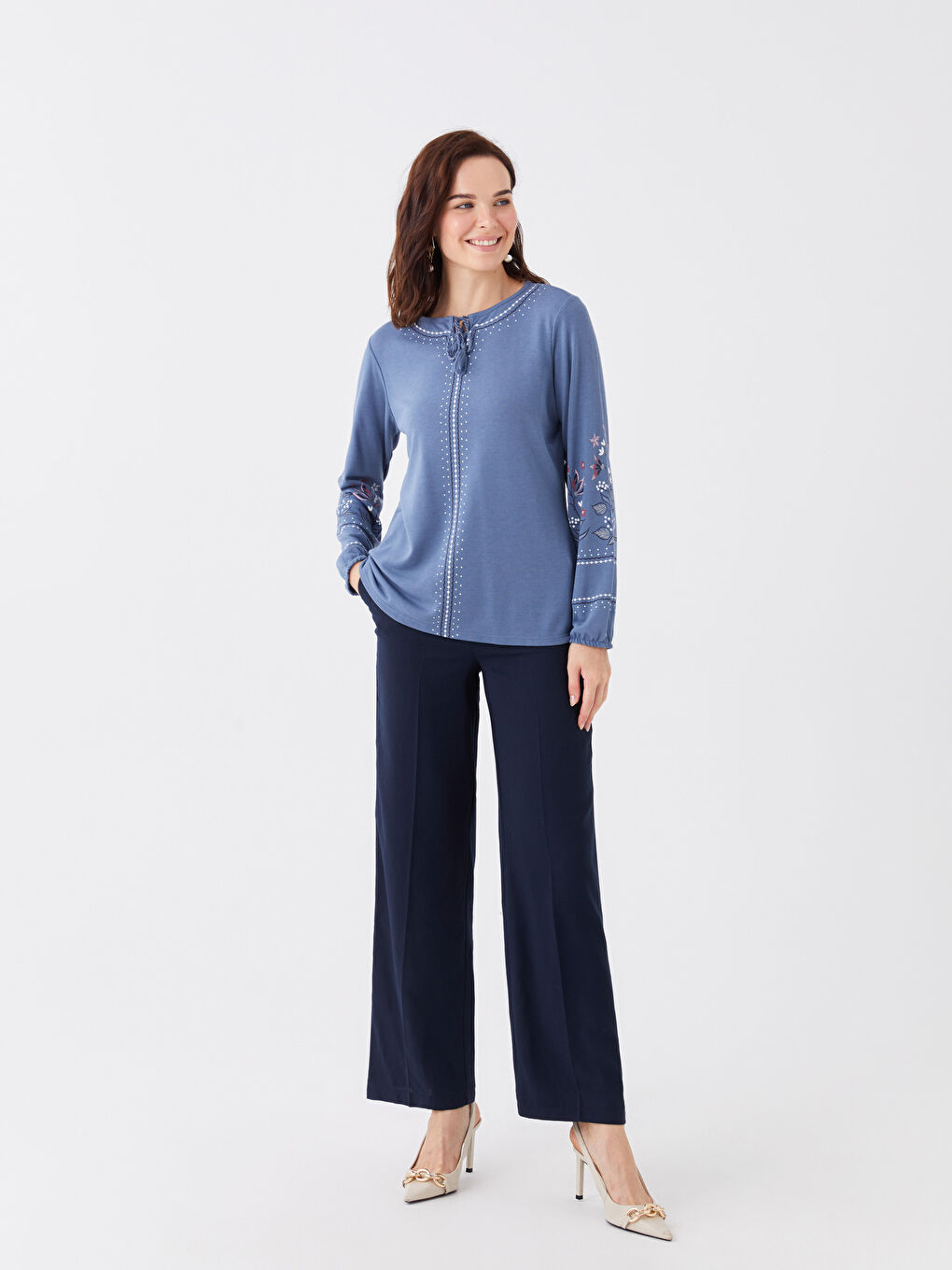 İndigo Bağlamalı Yaka Desenli Uzun Kollu Kadın Bluz-1