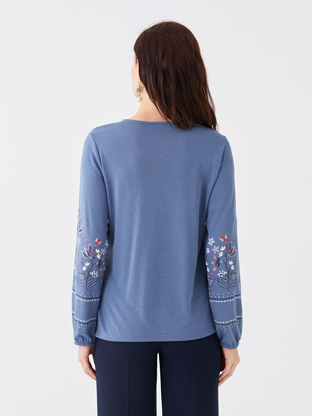 İndigo Bağlamalı Yaka Desenli Uzun Kollu Kadın Bluz-4