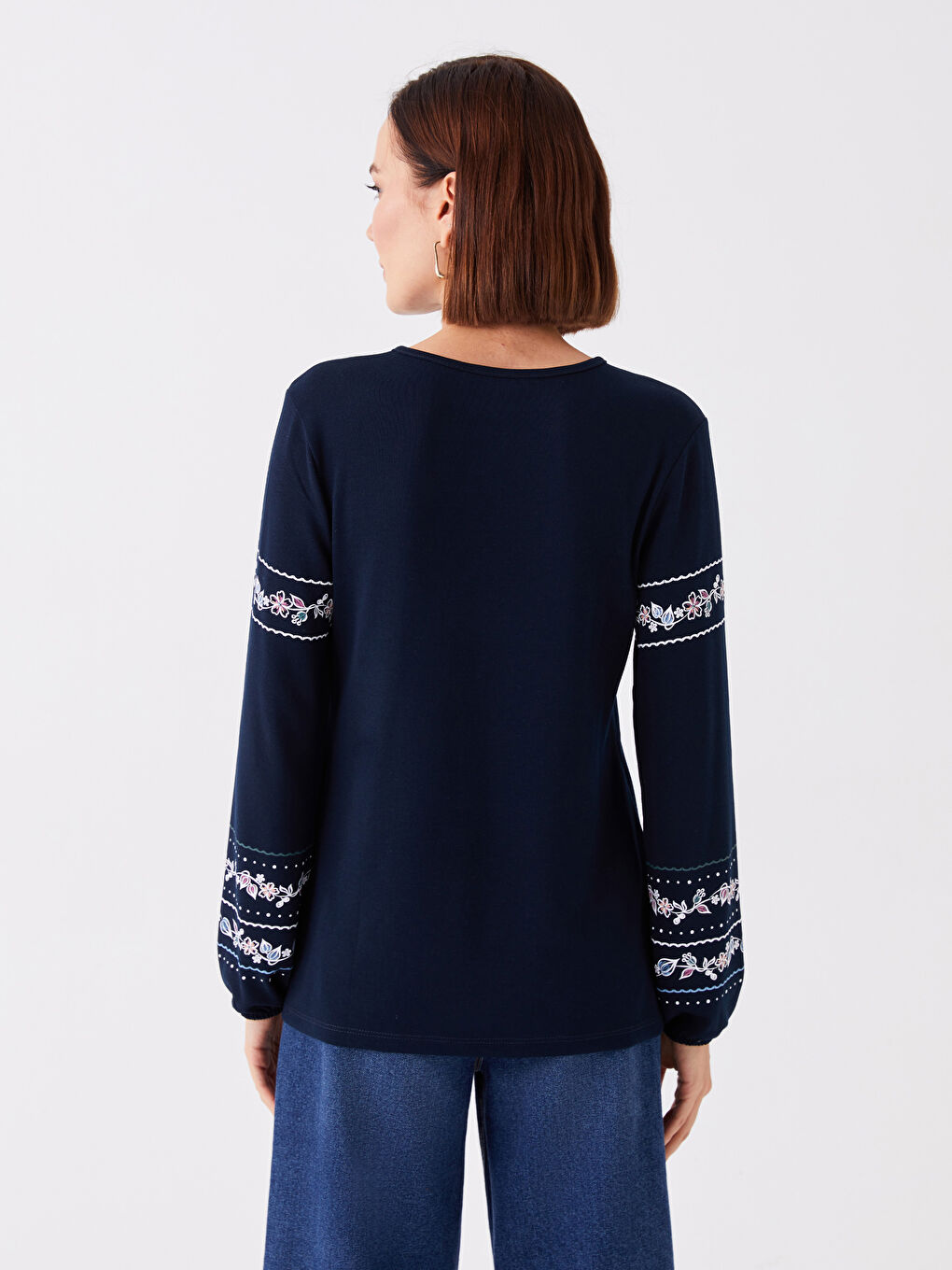 Lacivert Bağlamalı Yaka Desenli Uzun Kollu Kadın Bluz-4