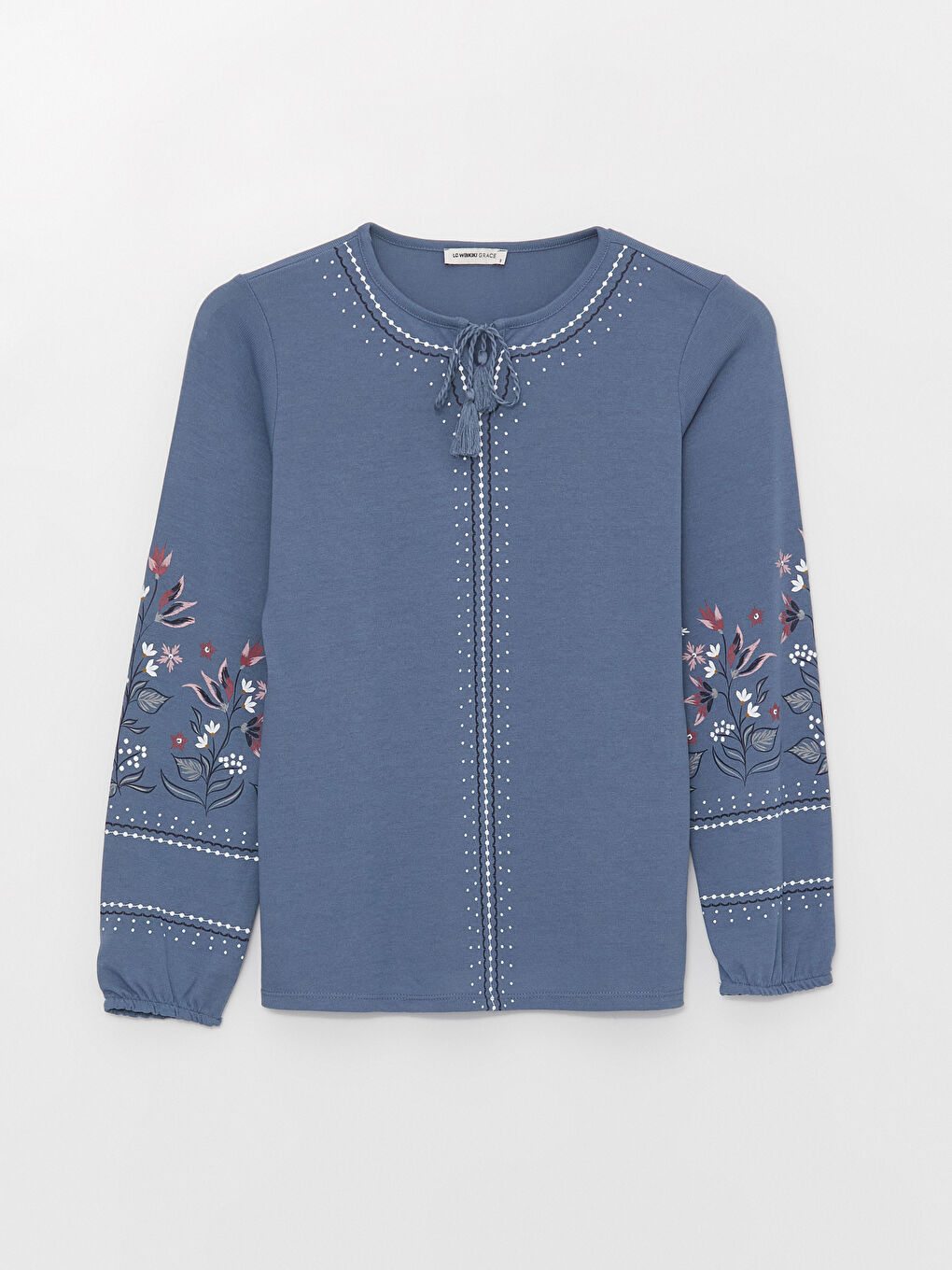 İndigo Bağlamalı Yaka Desenli Uzun Kollu Kadın Bluz-5