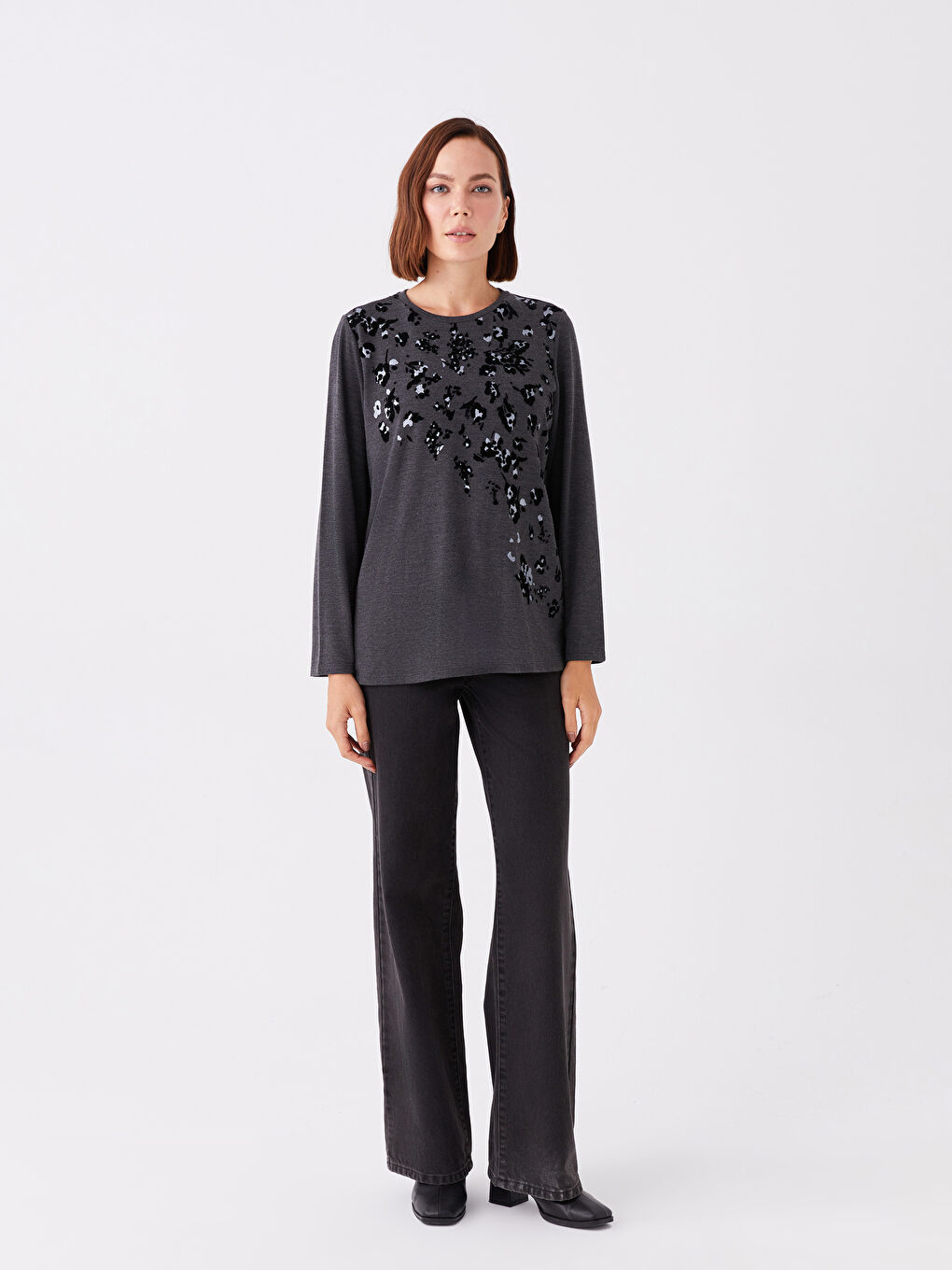 Crew Neck Printed Long Sleeve Women's Blouse-2