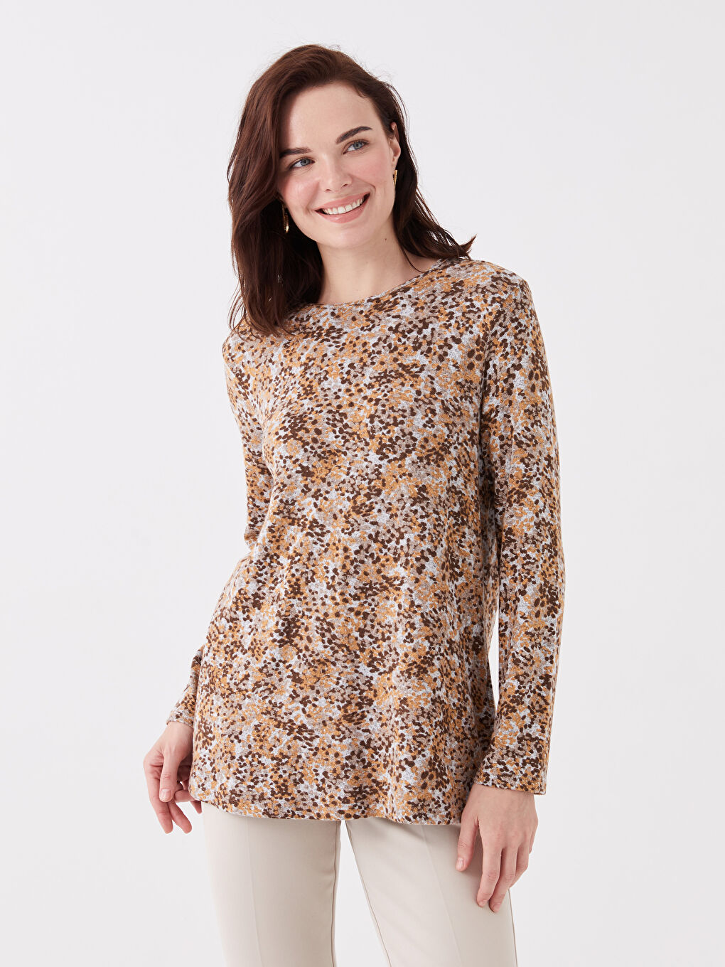 Bej Bisiklet Yaka Desenli Uzun Kollu Kadın Bluz