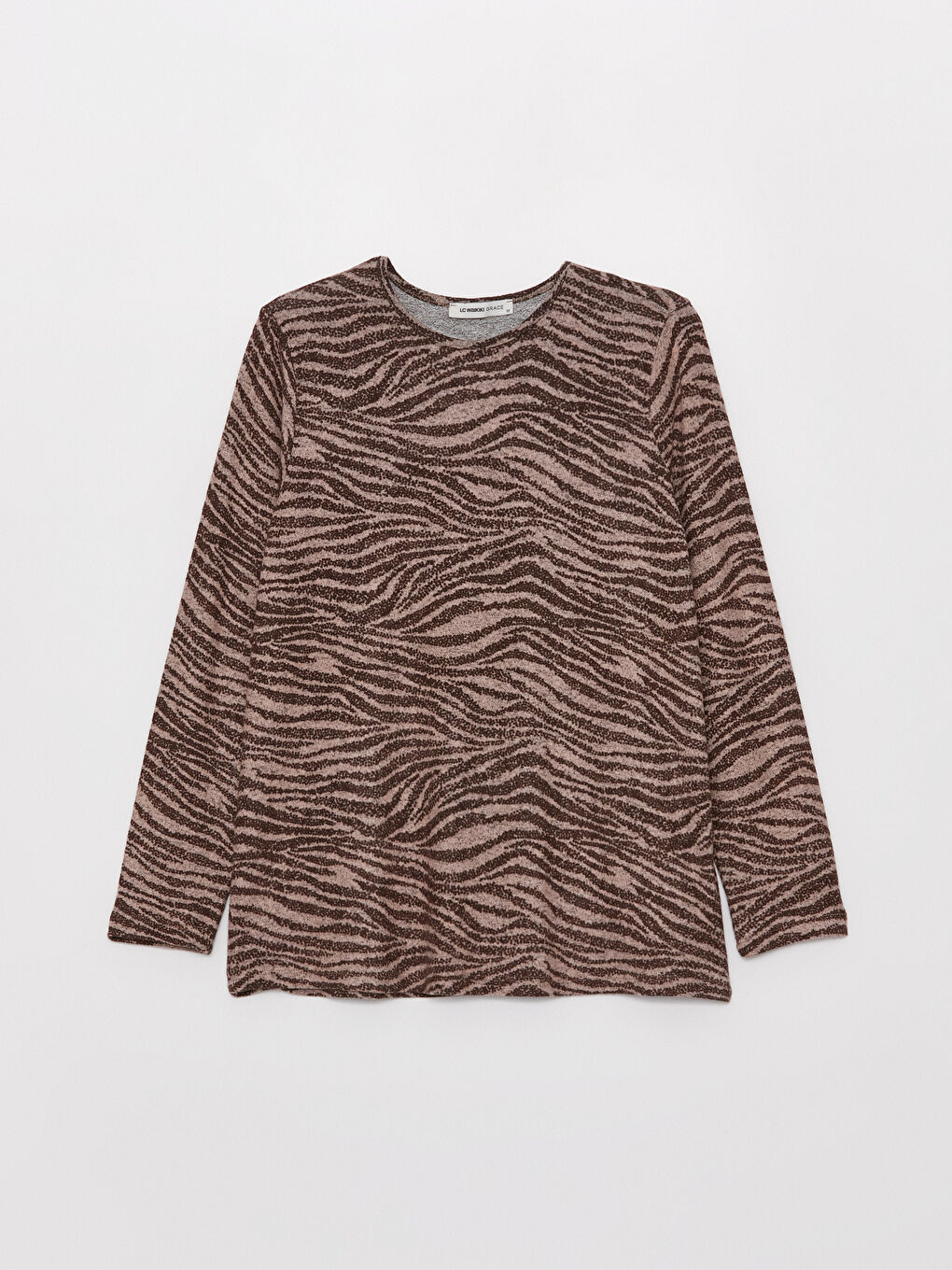 Bej Bisiklet Yaka Desenli Uzun Kollu Kadın Bluz-5