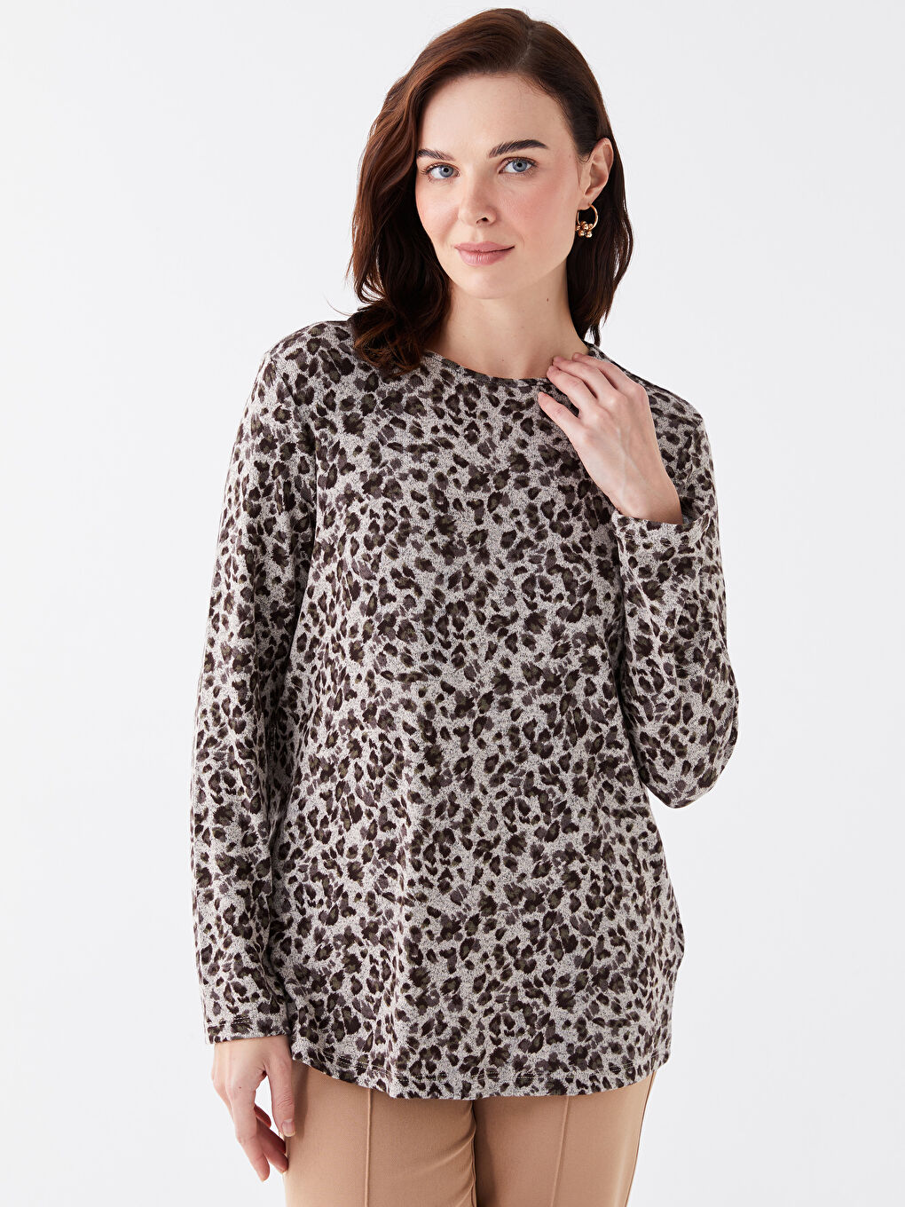 Bej Bisiklet Yaka Desenli Uzun Kollu Kadın Bluz