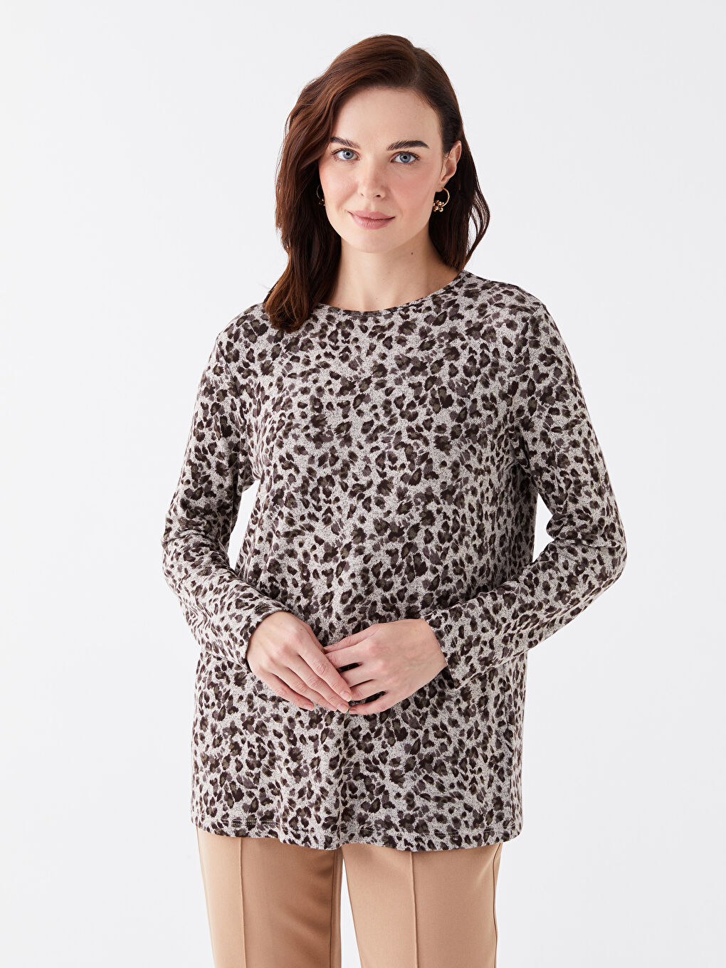 Bej Bisiklet Yaka Desenli Uzun Kollu Kadın Bluz-1