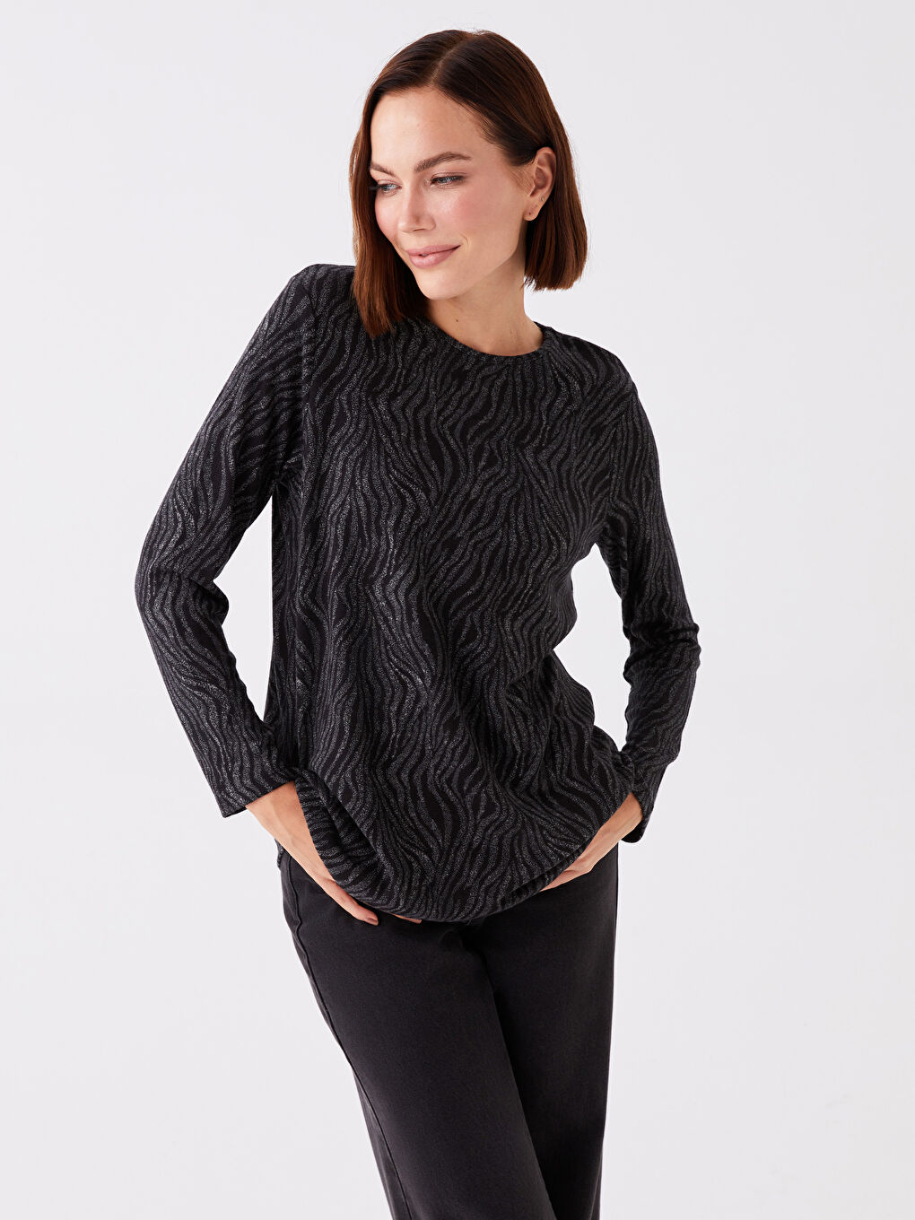 Crew Neck Patterned Long Sleeve Women's Blouse