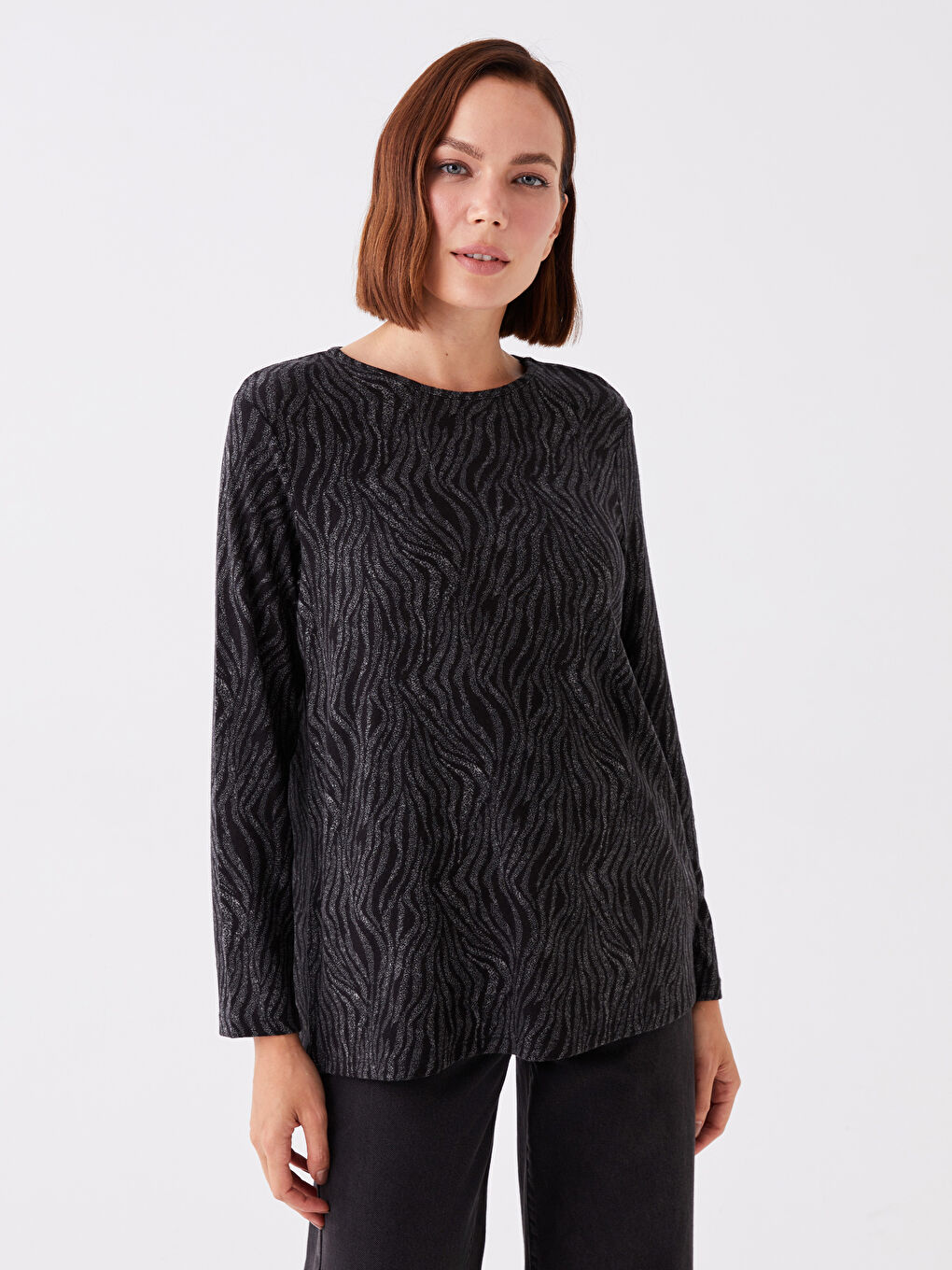 Crew Neck Patterned Long Sleeve Women's Blouse-1