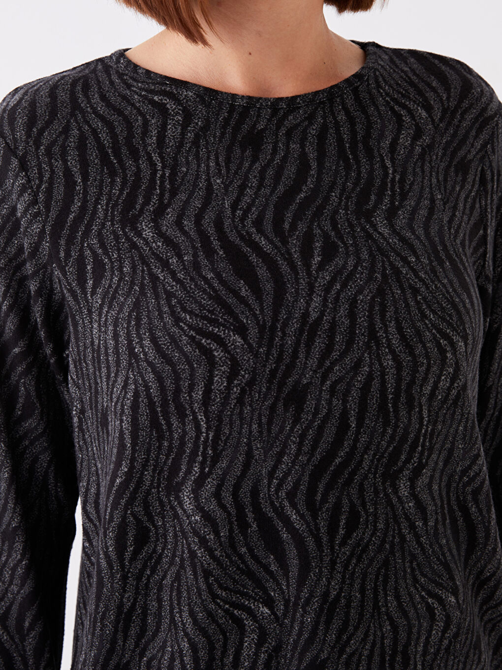 Crew Neck Patterned Long Sleeve Women's Blouse-3