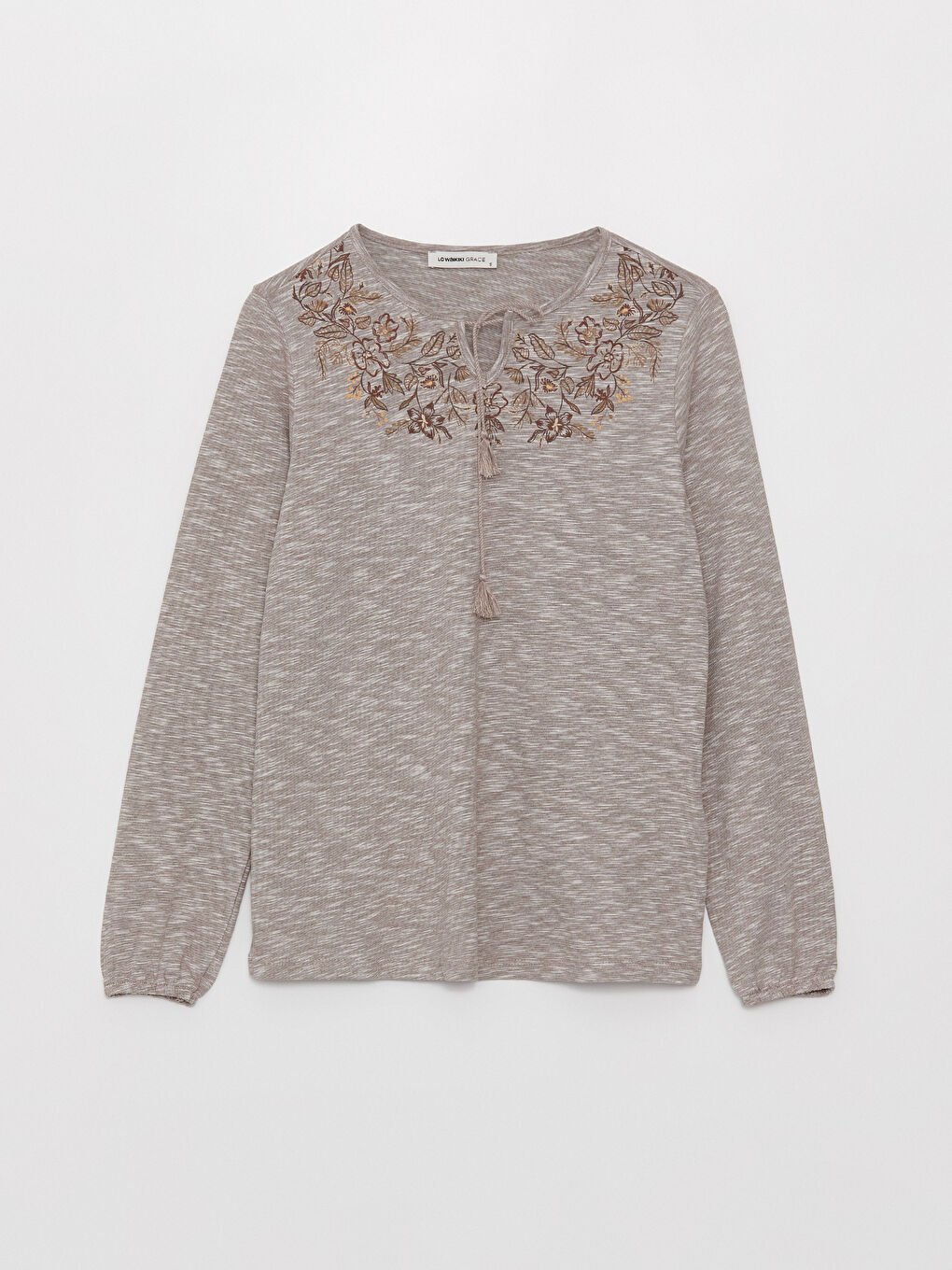 Bej Bağlamalı Yaka Baskılı Uzun Kollu Kadın Bluz-5